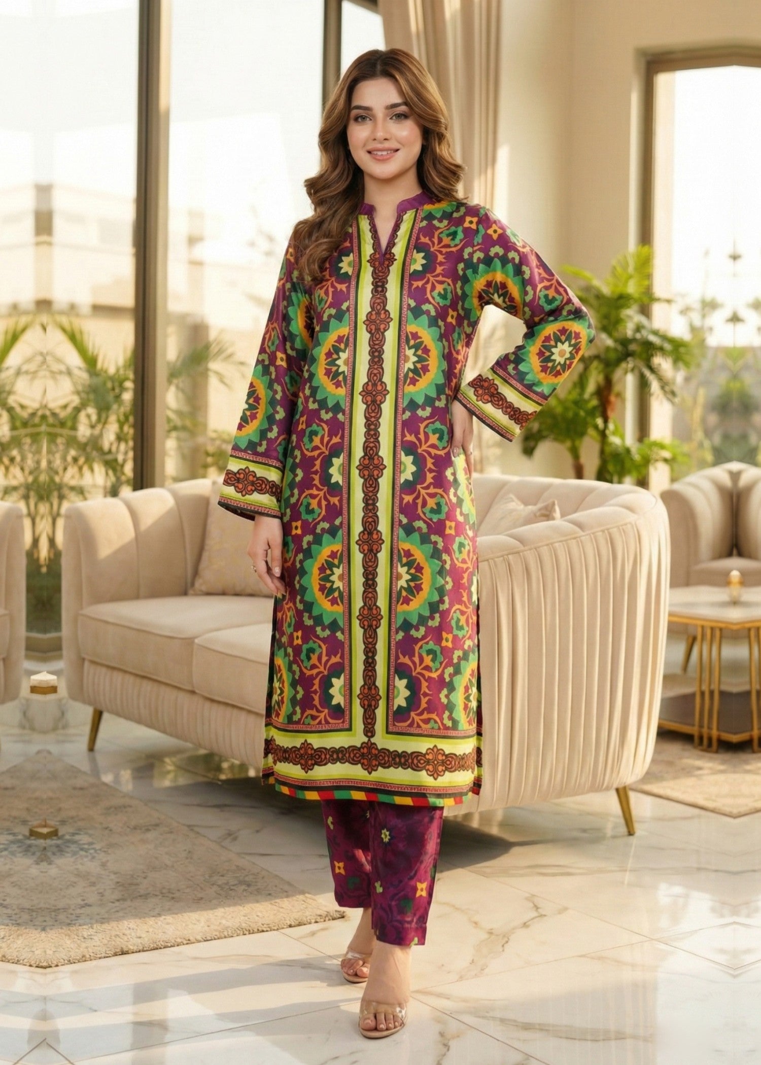 silk charmeuse Kurta Set in Multi