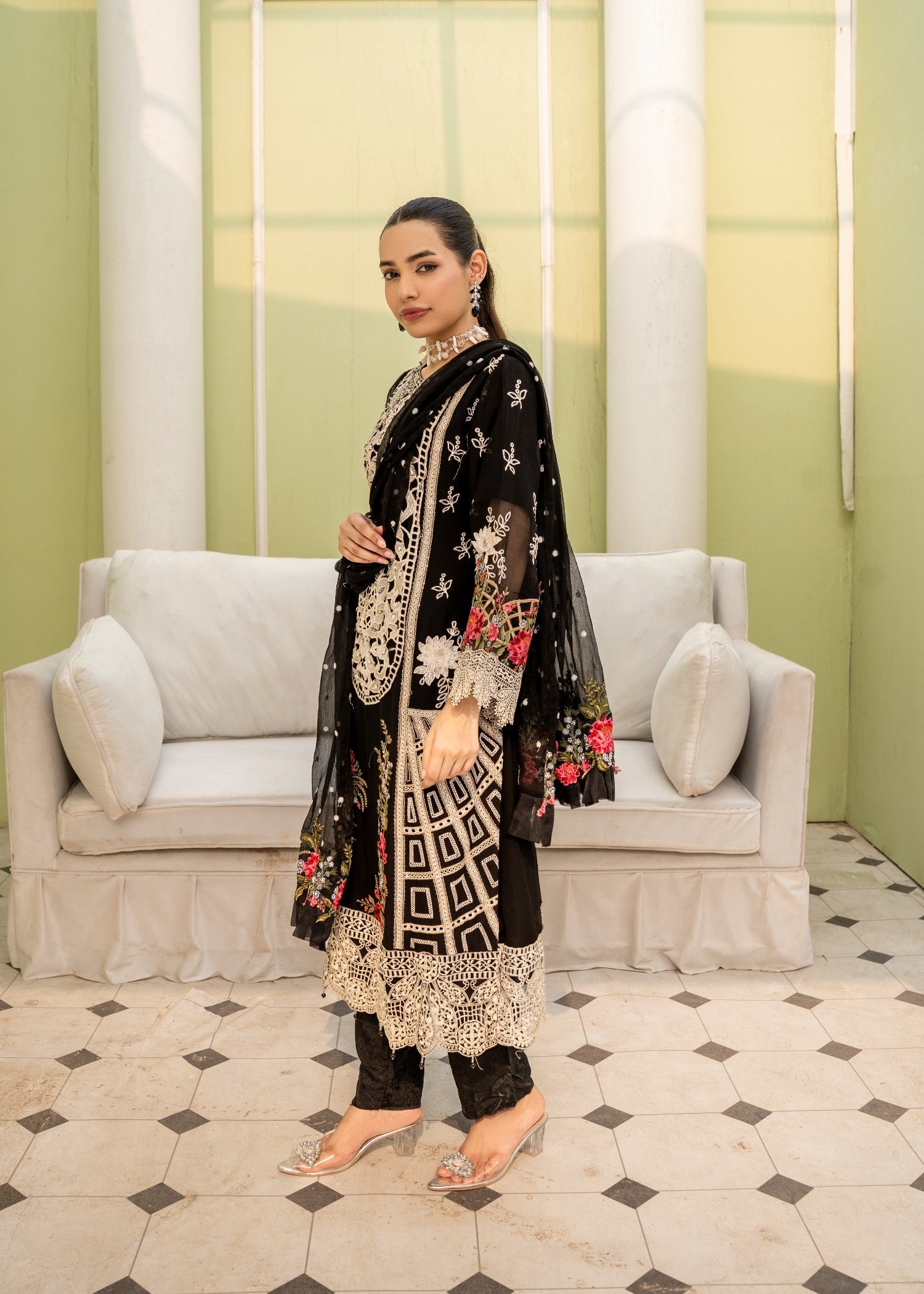 crinkle chiffon Kurta Set in Black