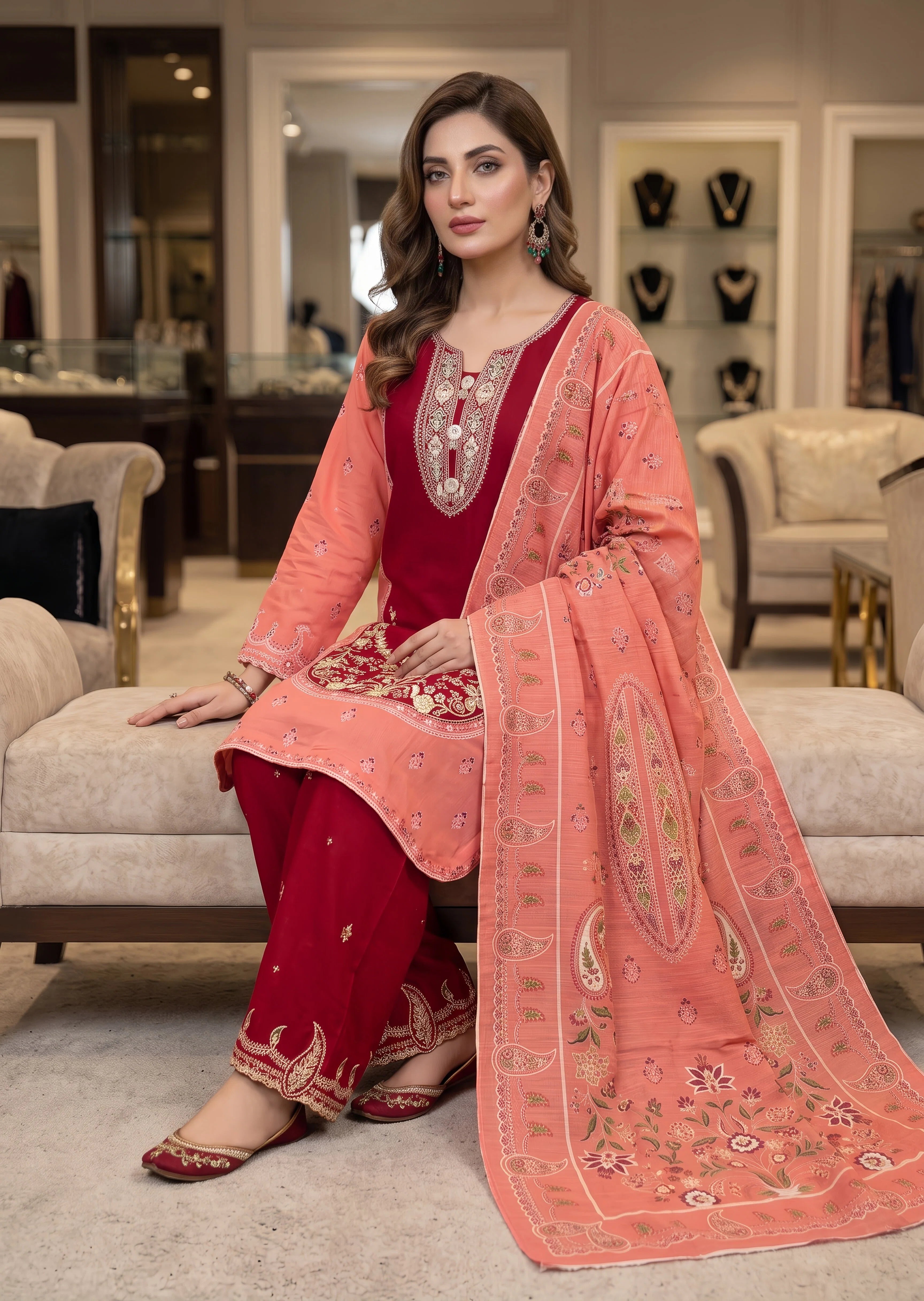 cotton linen Kurta Set in Maroon, taffy pink