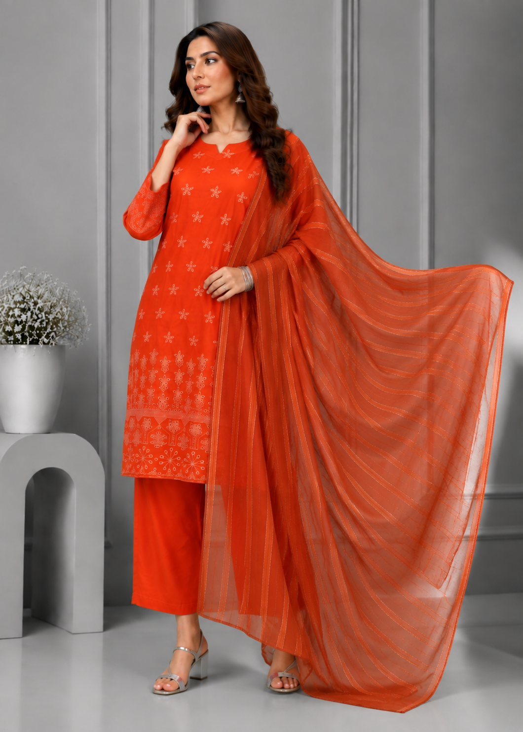 chikankari cotton Kurta Set in Coral orange