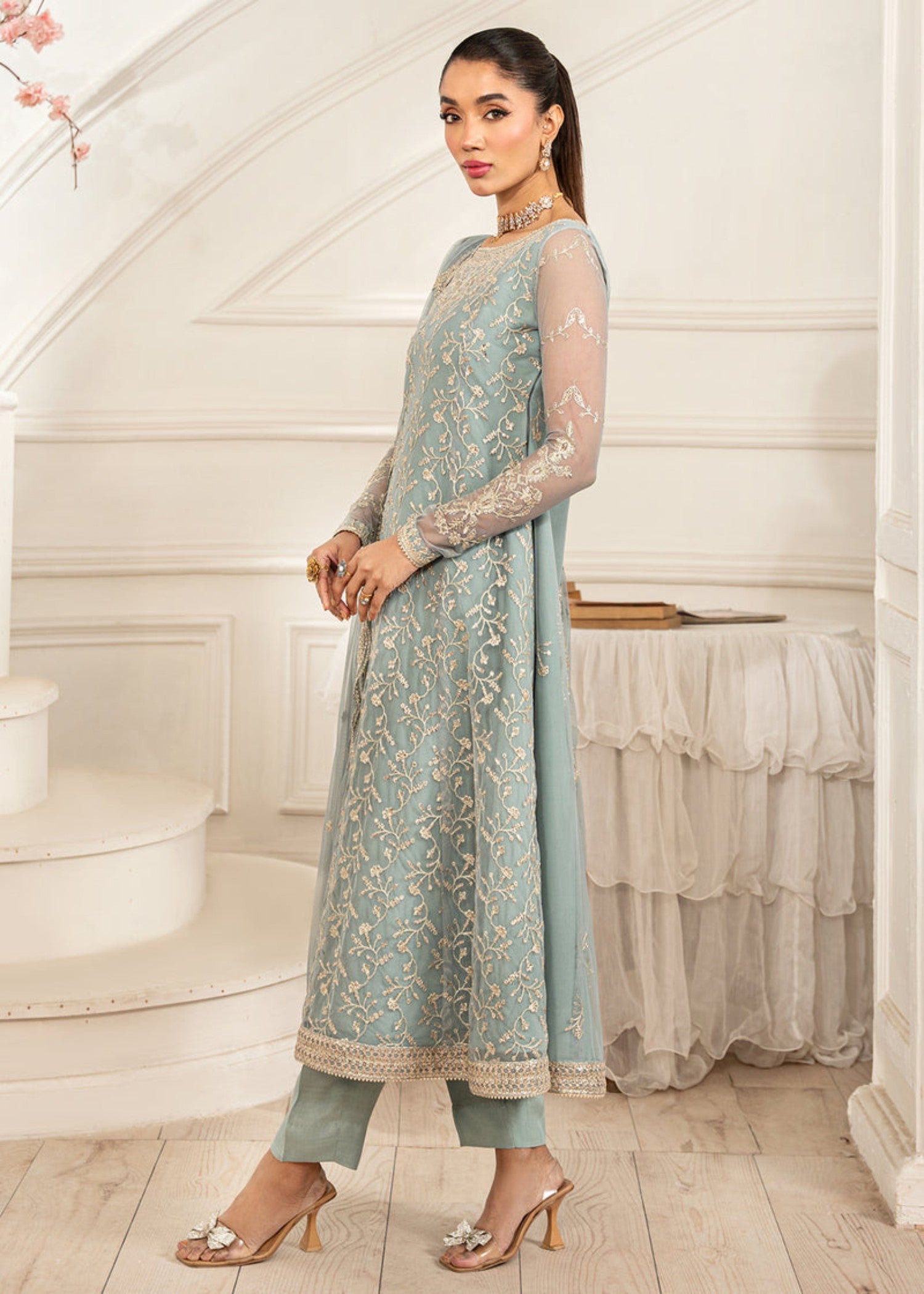 net Kurta Set in Pastel green