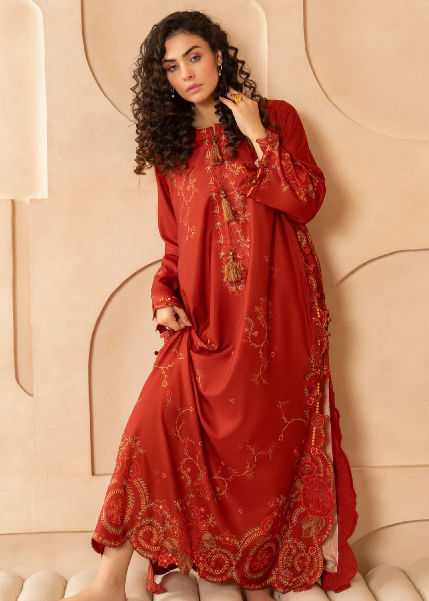 poly lawn Kaftan in Burnt red