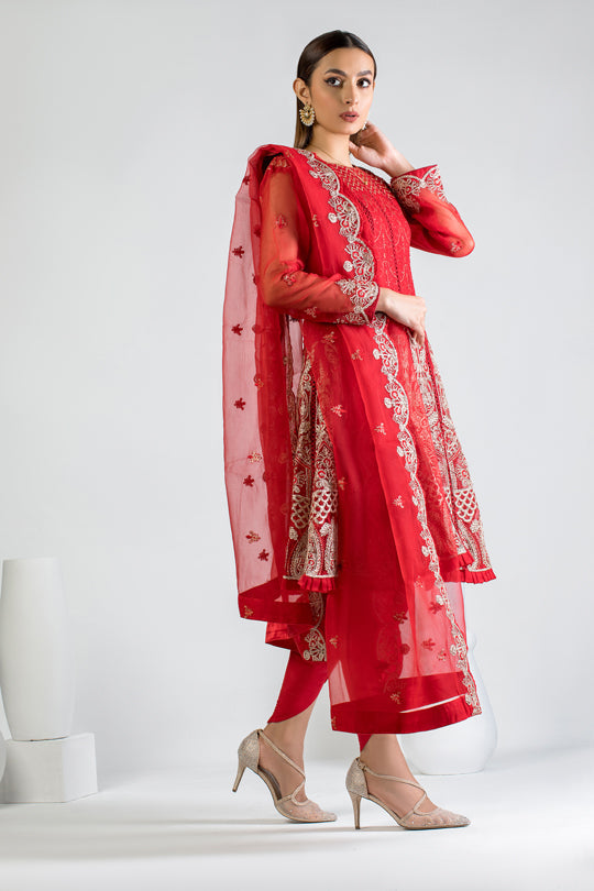 organza Short Frock in Red