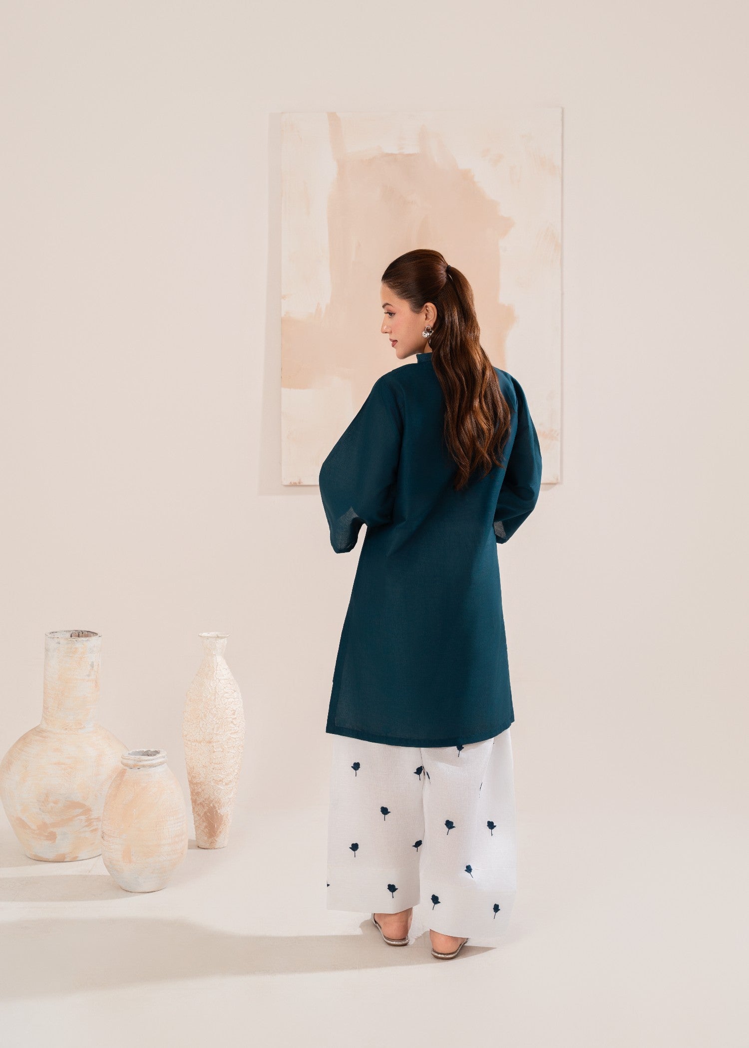cotton Kurta Set in White, teal
