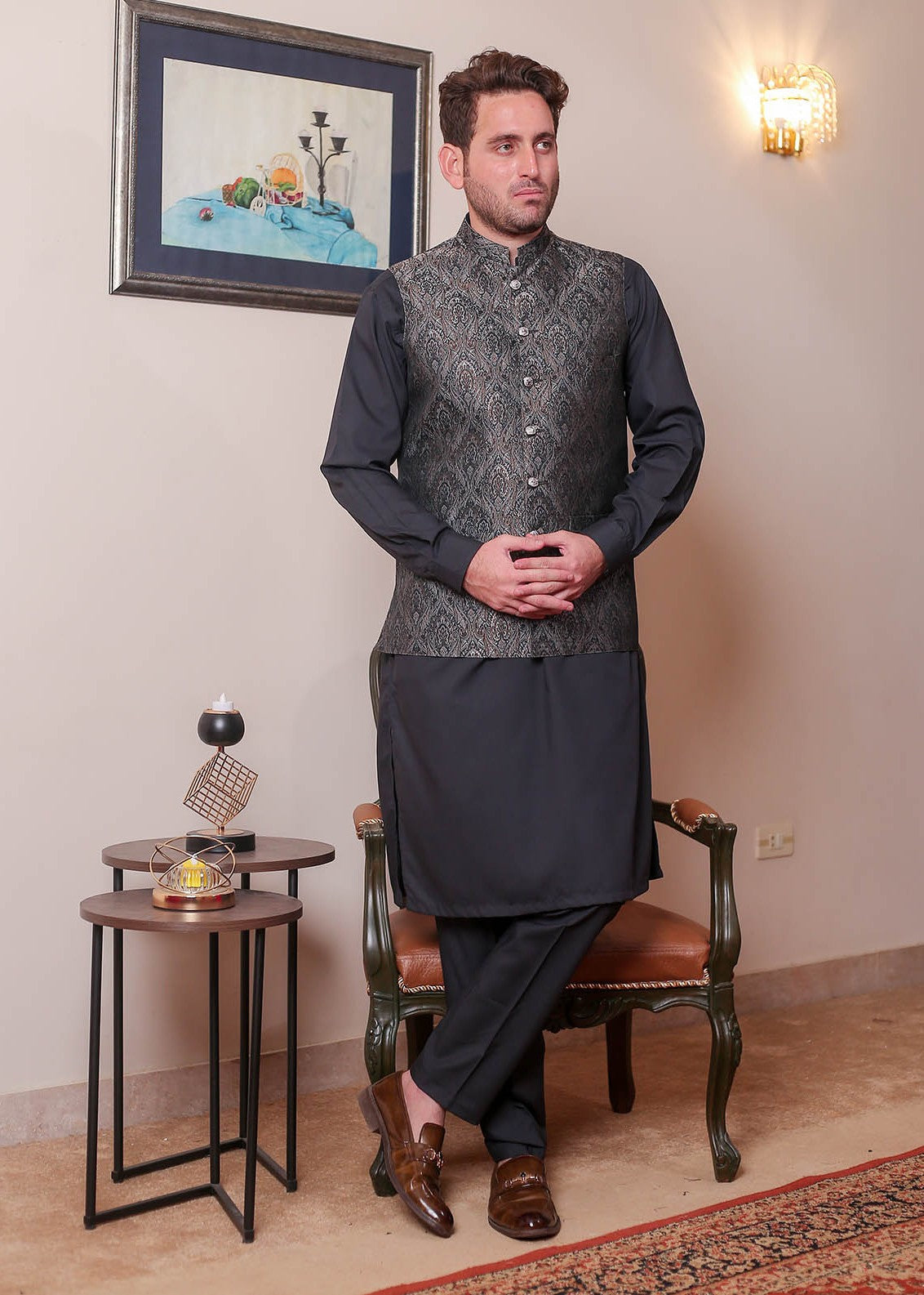banarsi silk Waistcoat in Dark grey