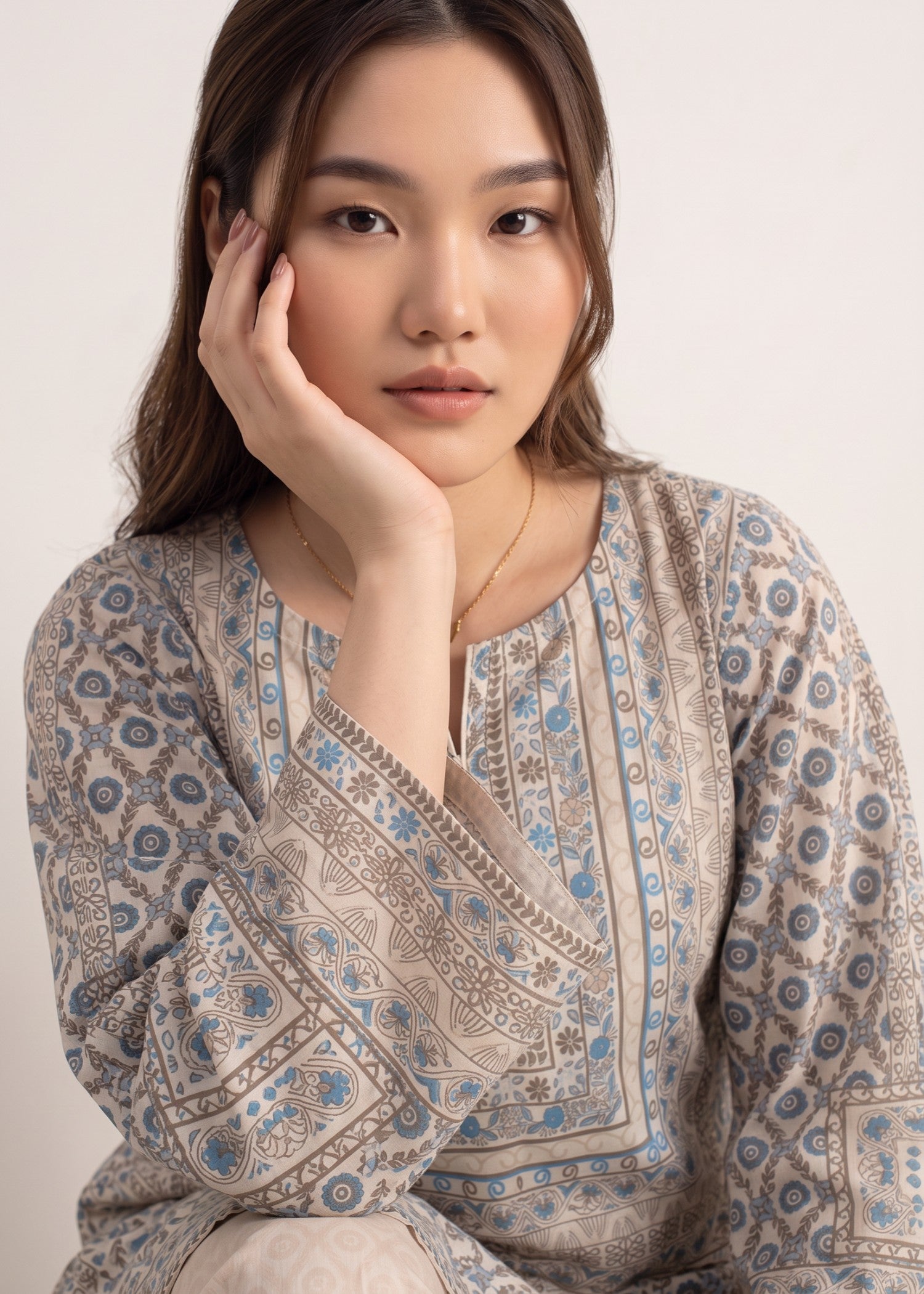 polyester crepe Kurta Set in Beige