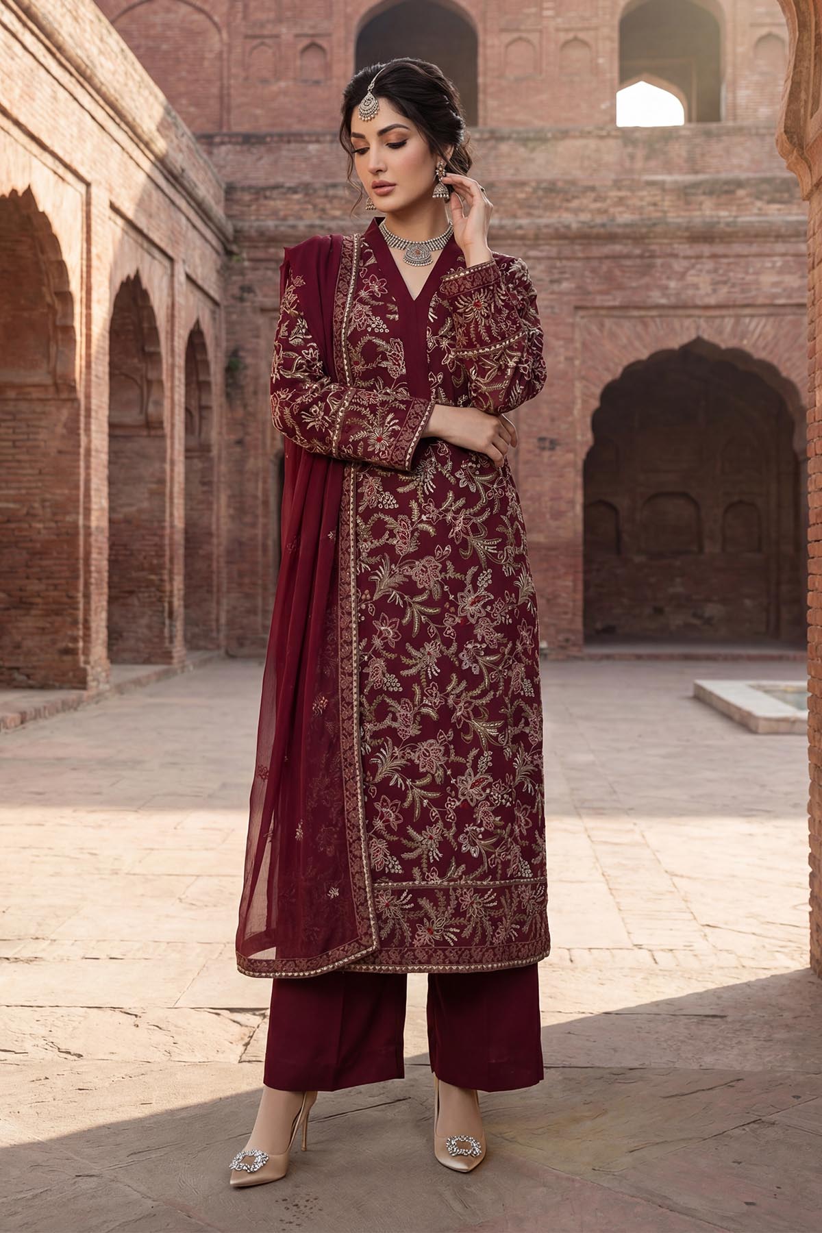 bemberg crinkle chiffon Kurta Set in Maroon