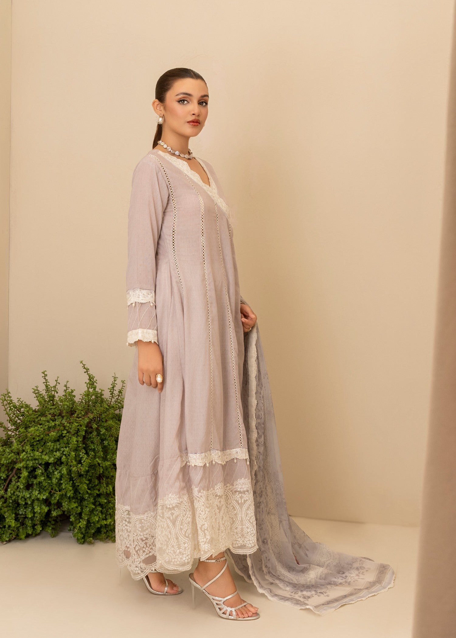 cotton karandi Angrakha in Pastel grey