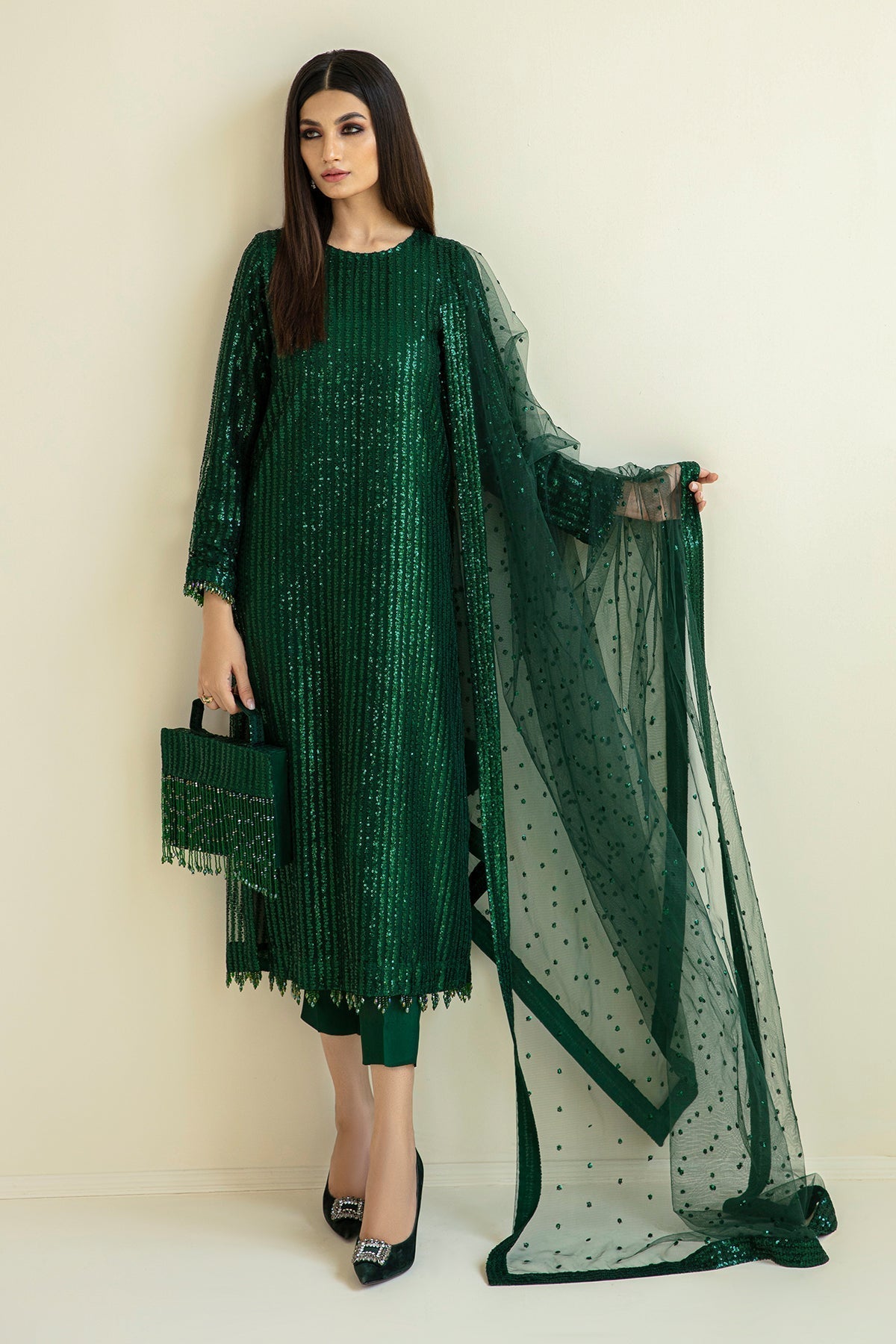 net Kurta Set in Green