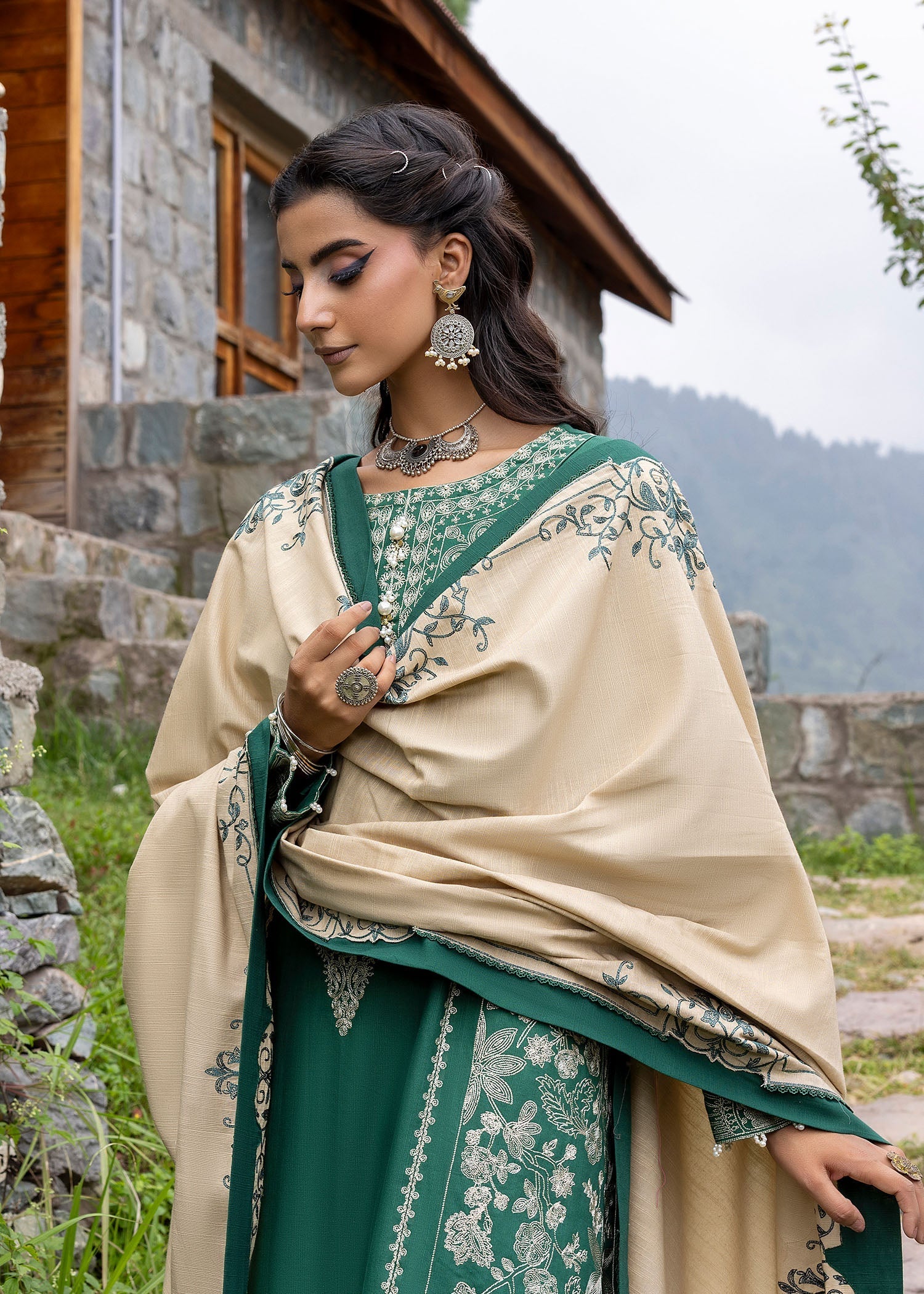 khaddar Kurta Set in Jungle green