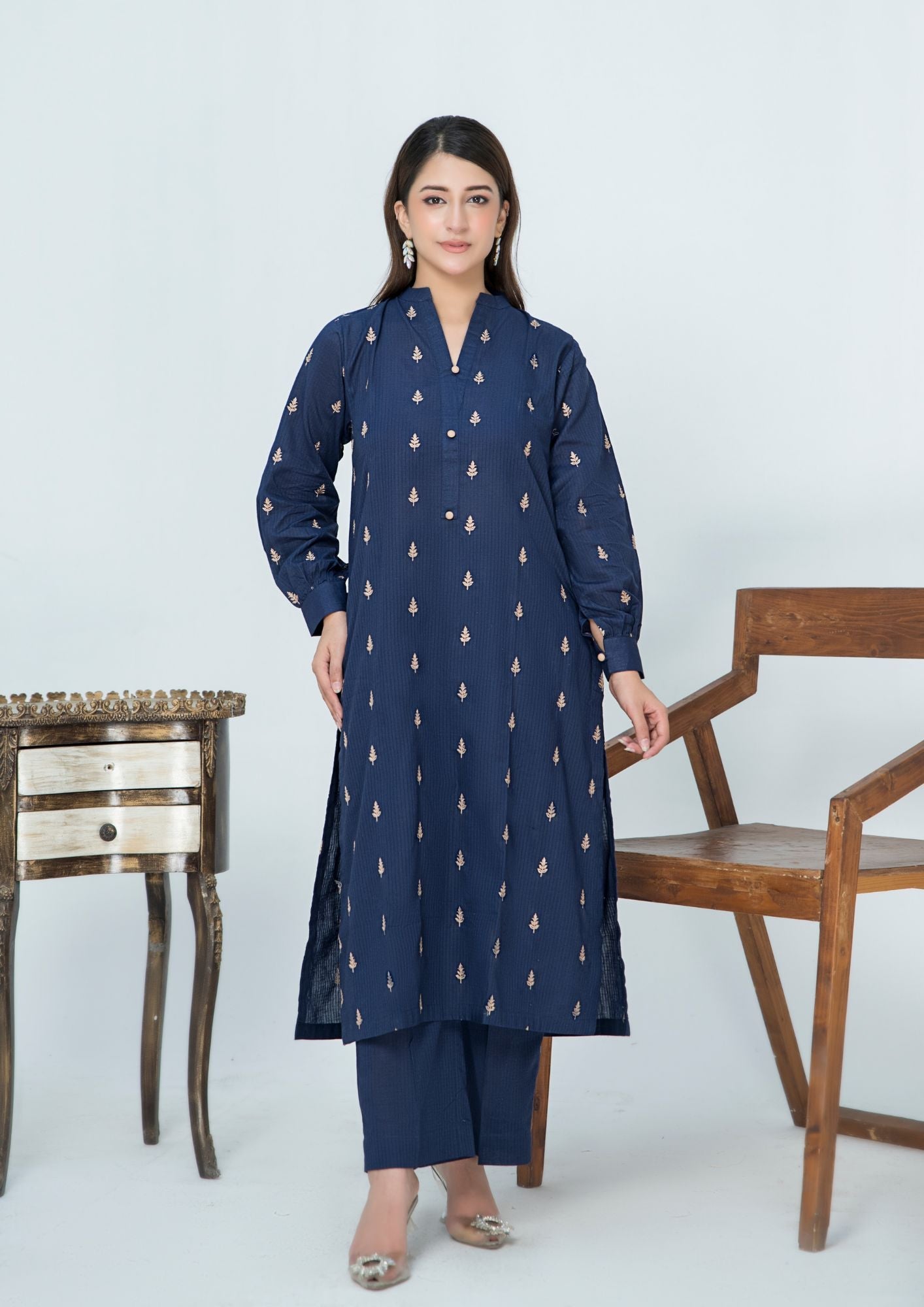 lawn cotton Kurta Set in Prussian blue