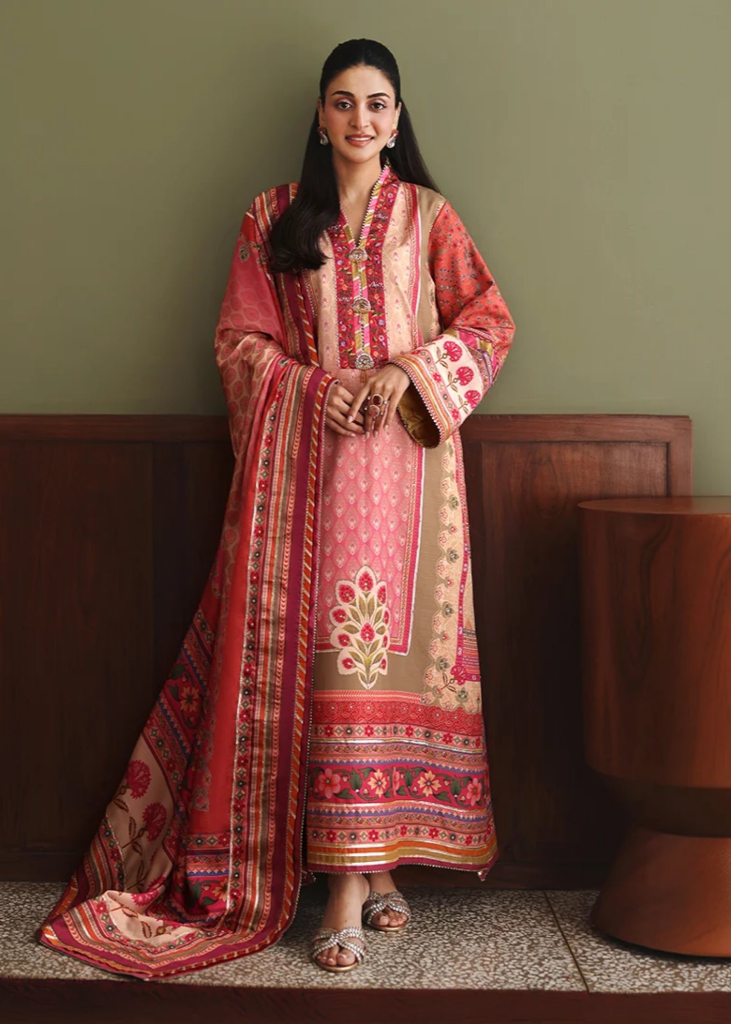 raw silk Kurta Set in Watermelon pink