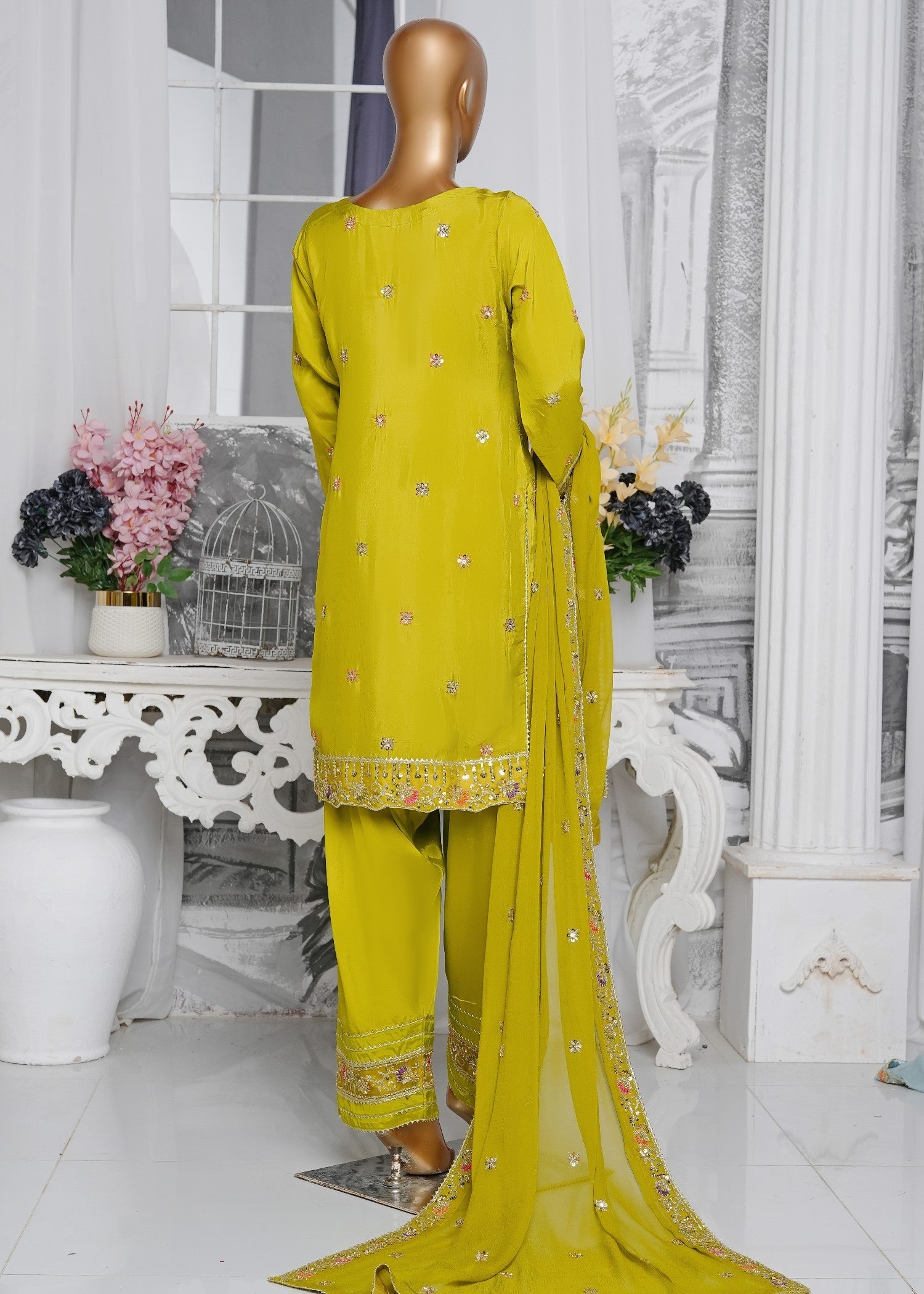silk crepe Kurta Set in Yellow green