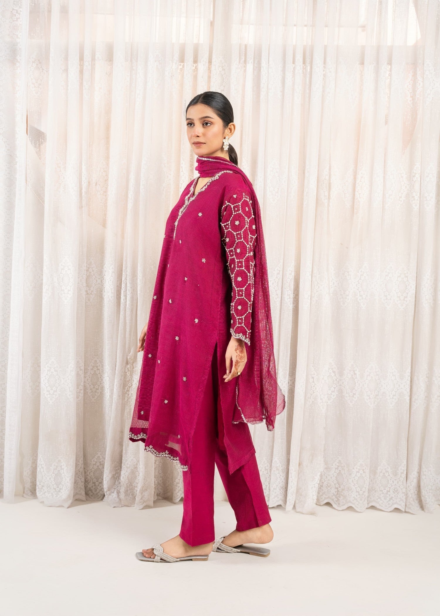 khaddi net Kurta Set in Shocking pink