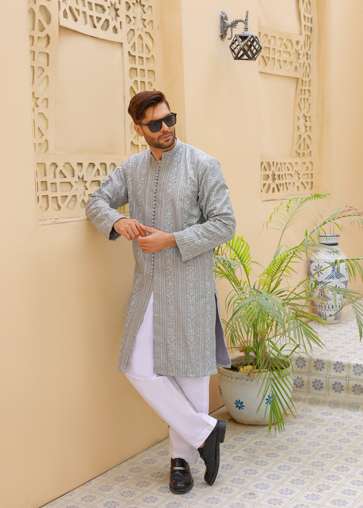 raw silk Kurta Set in Light grey