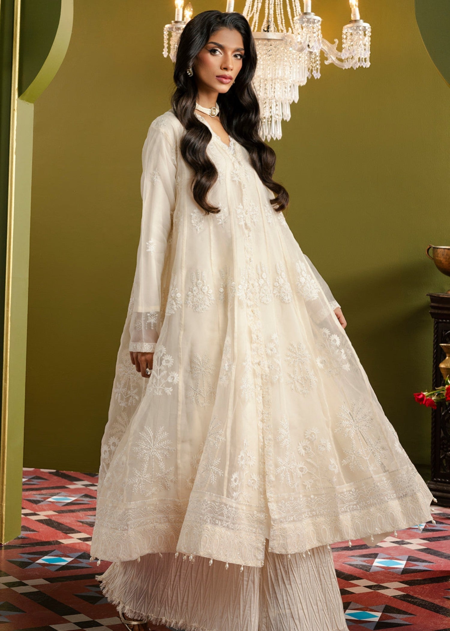 organza Pishwas in Off-white