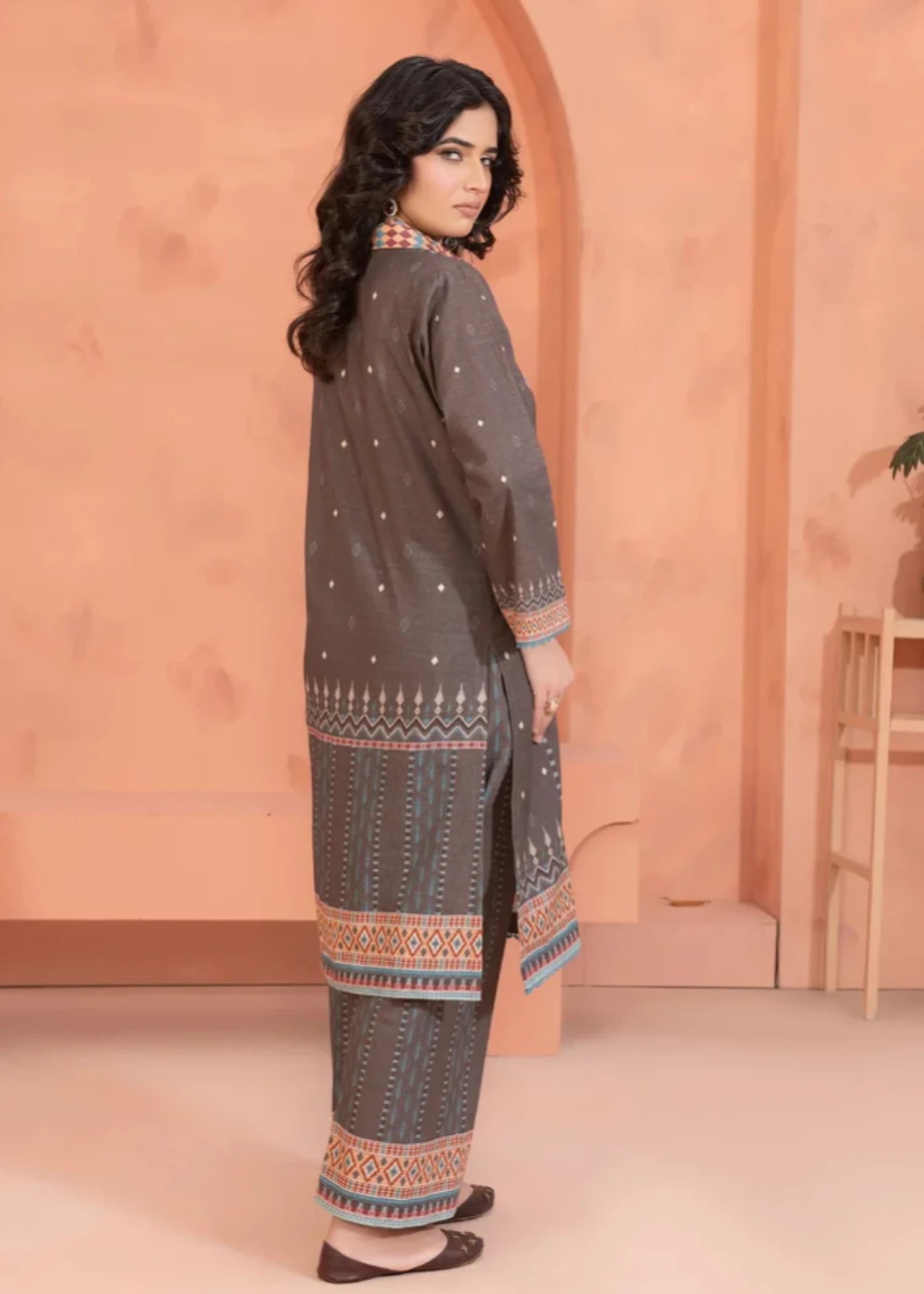 khaddar Unstitched in Almond brown
