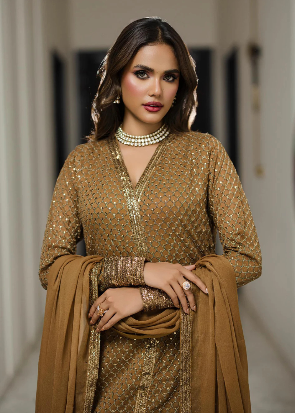 chiffon Kurta Set in Oak brown