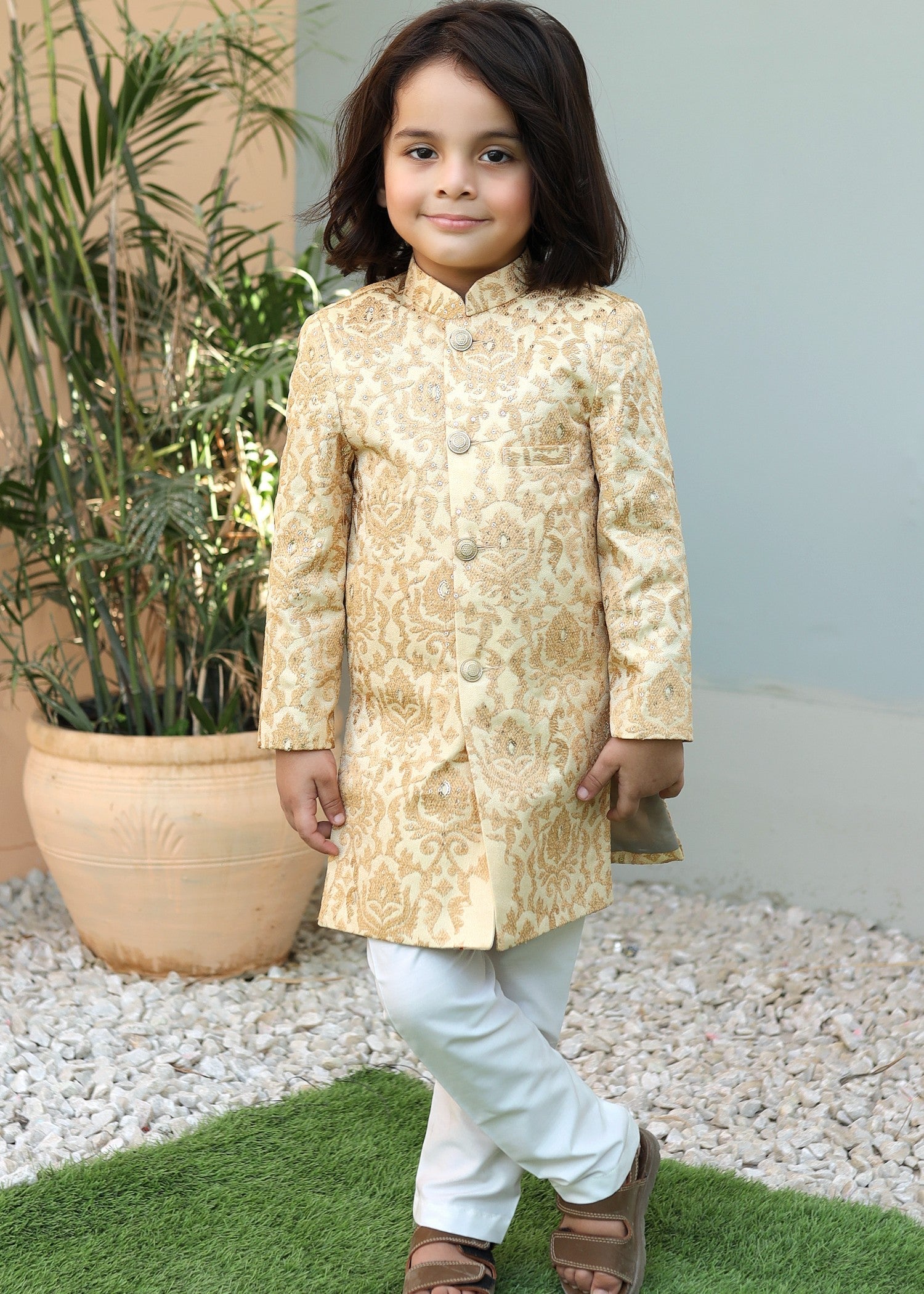 raw silk Sherwani in Cream, goldenrod