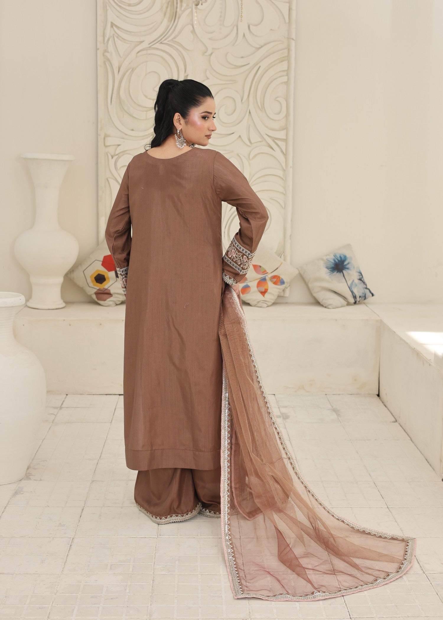 silk Kurta Set in Tawny brown