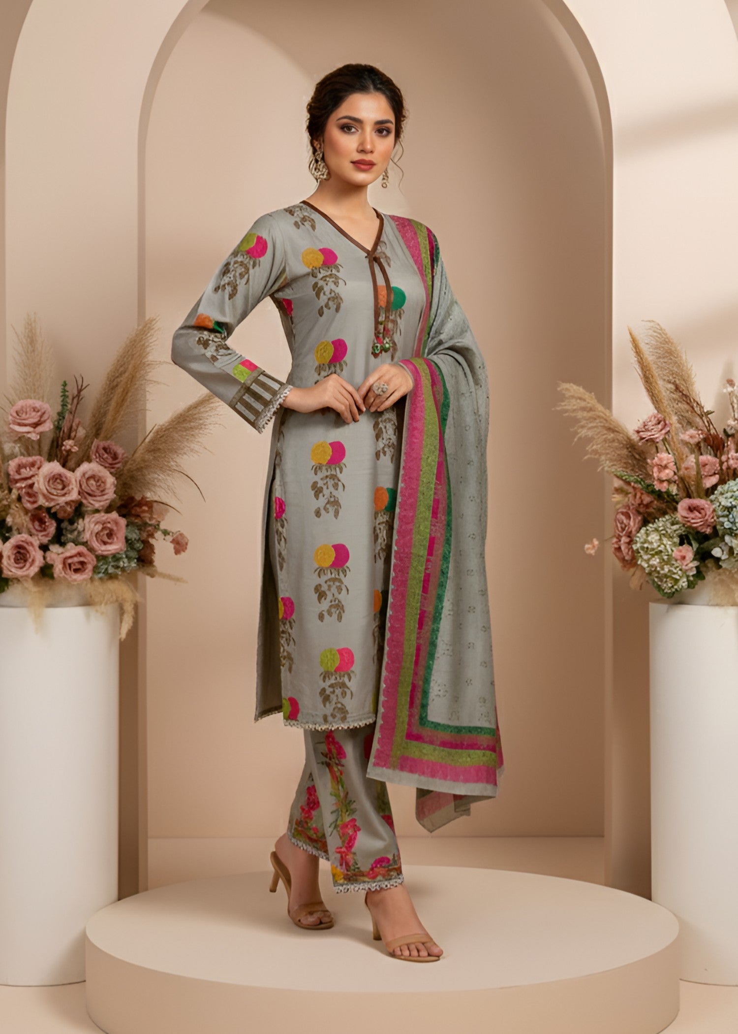 crepe Kurta Set in Grey