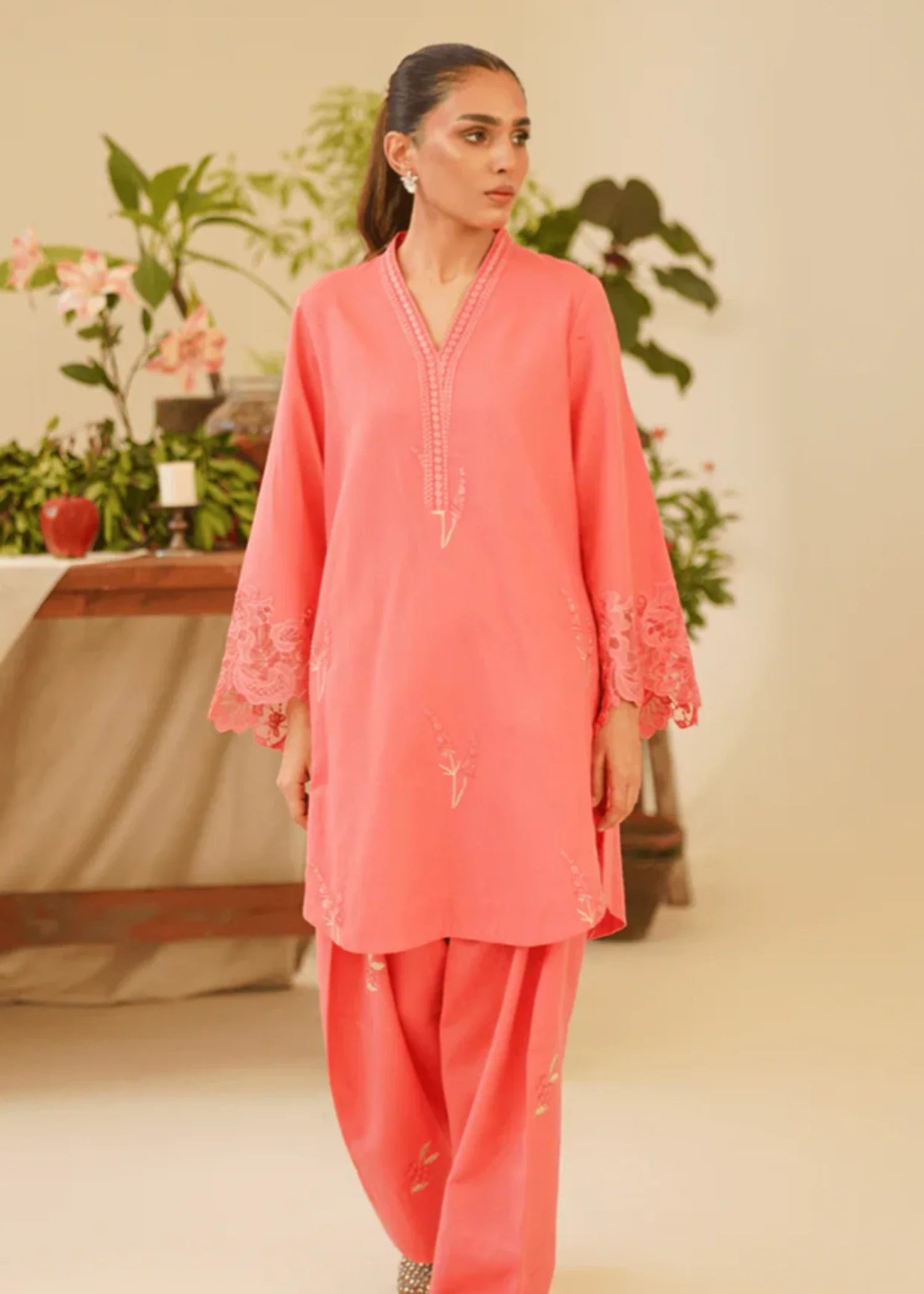 khaddar Kurta Set in Watermelon pink