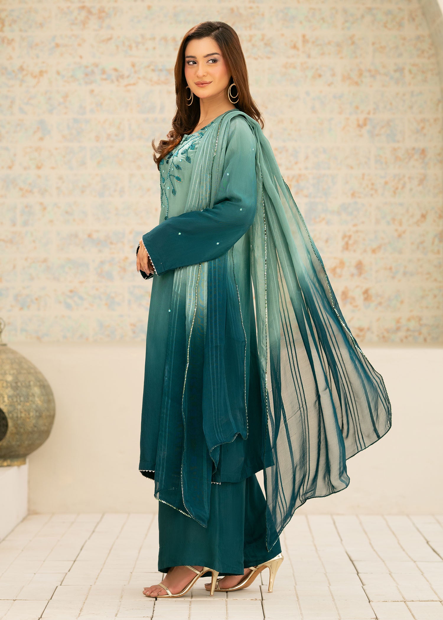 silk Kurta Set in Sea green