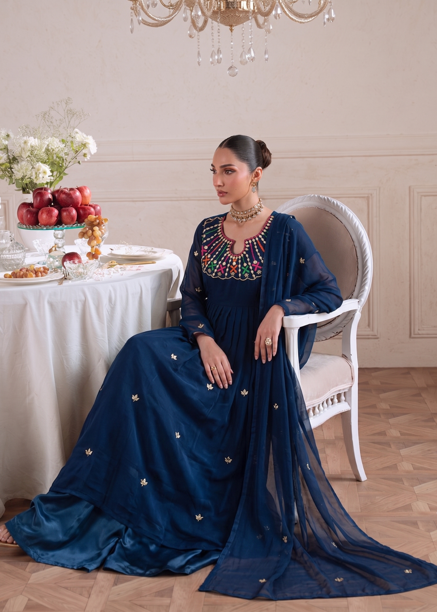 organza Anarkali in Navy blue