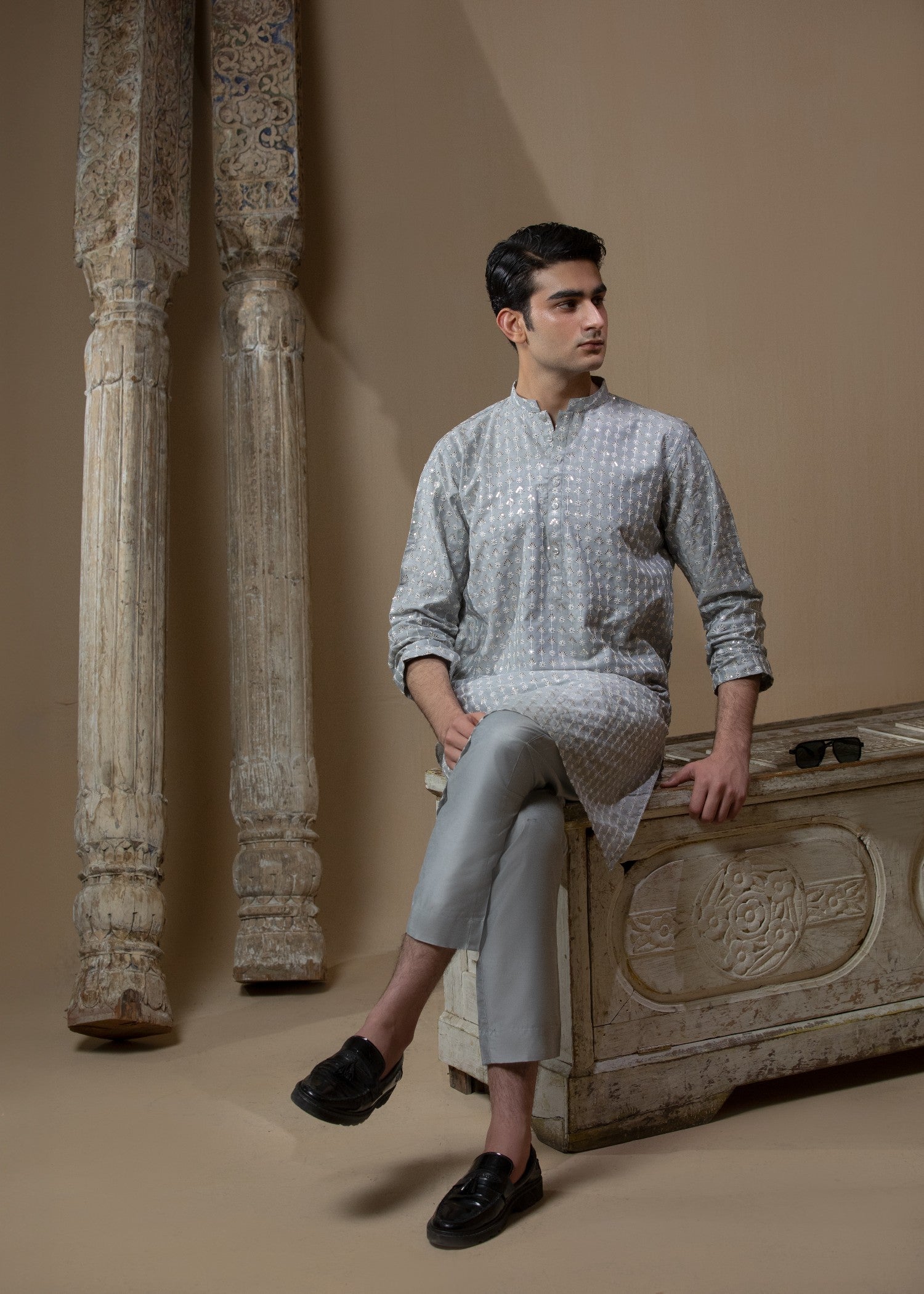 cotton silk Kurta Set in Ash grey