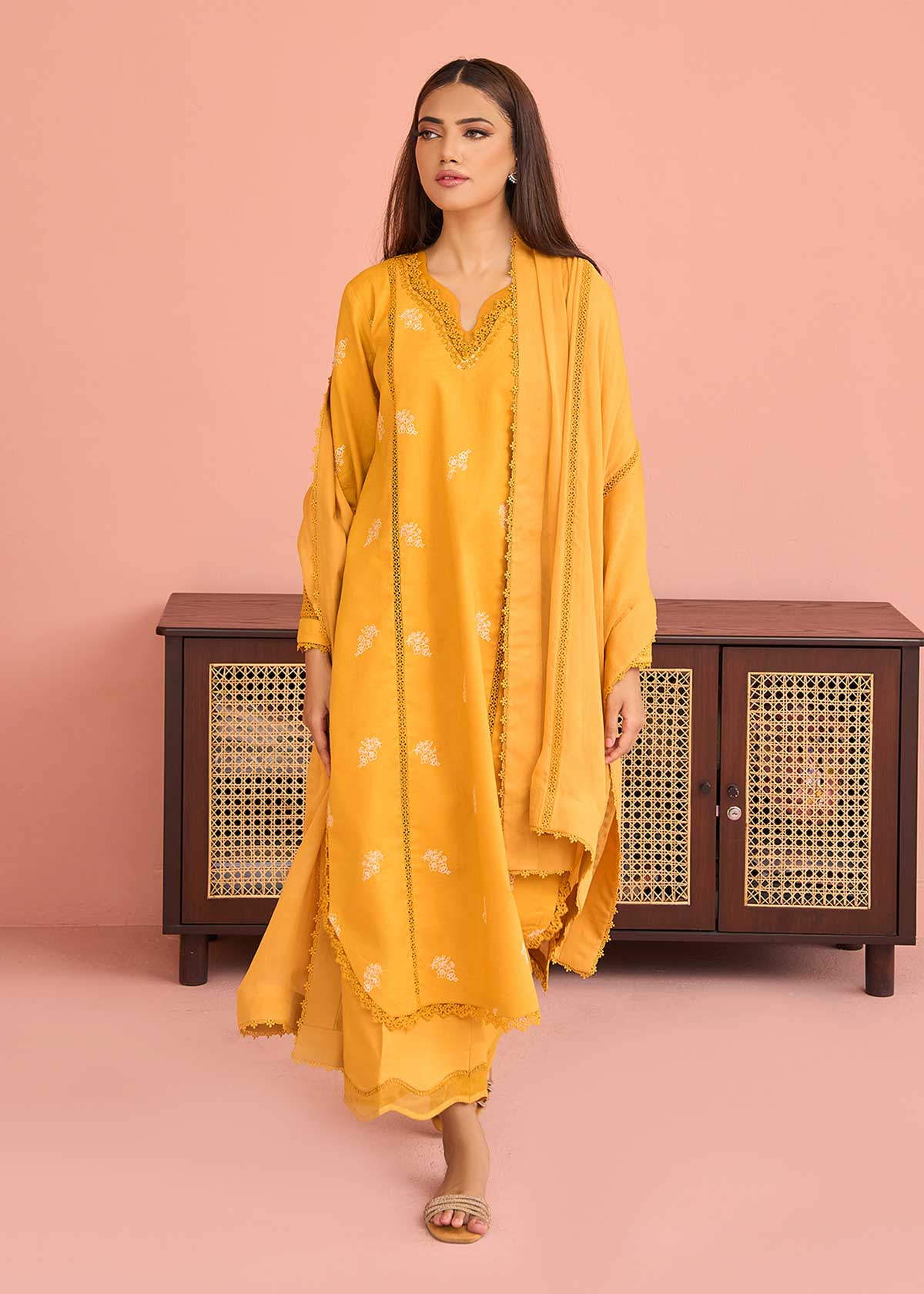 textured lawn Kurta Set in Mustard