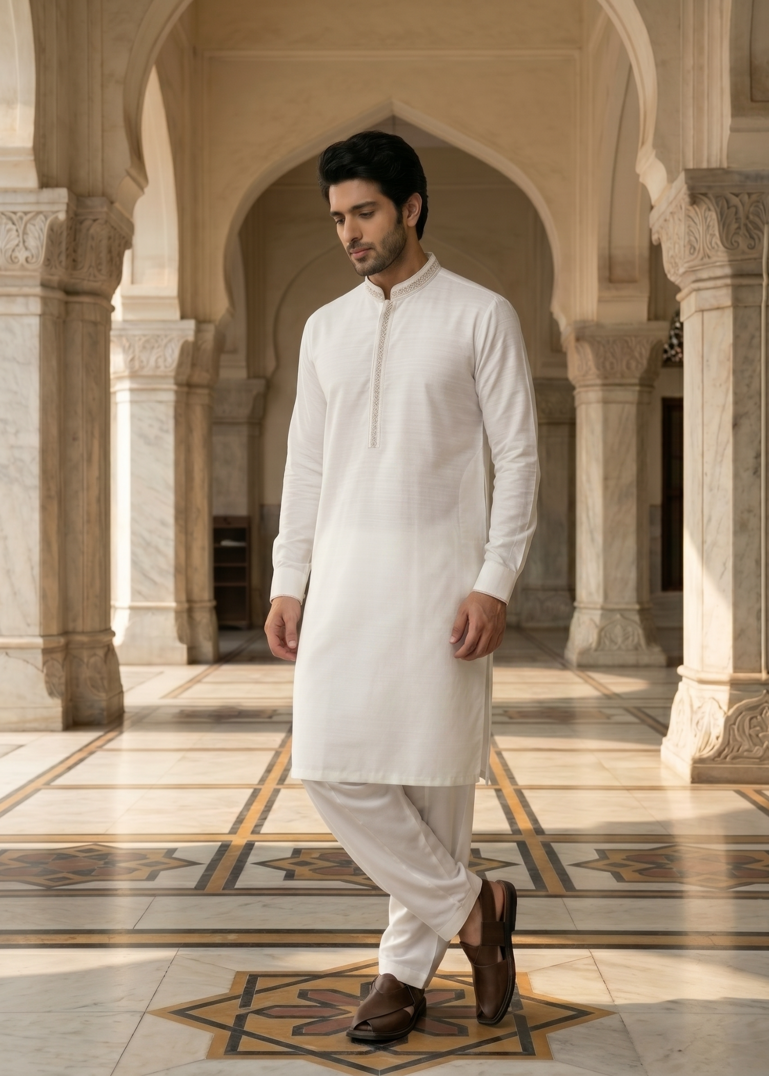 textured wash & wear Shalwar Kameez in Off-white by Real Image Clothing