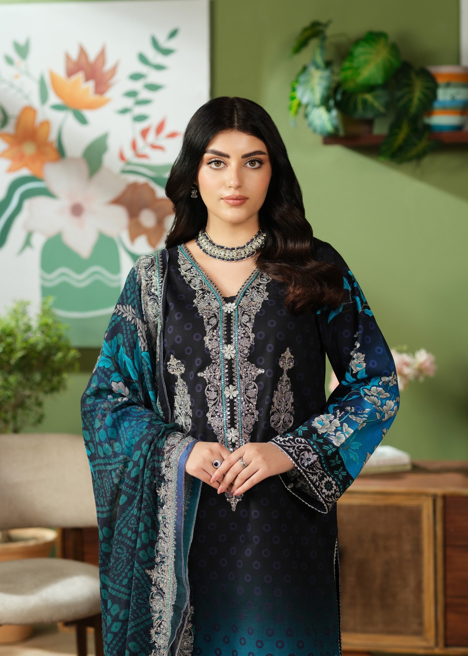 cambric cotton Kurta Set in Blue, black