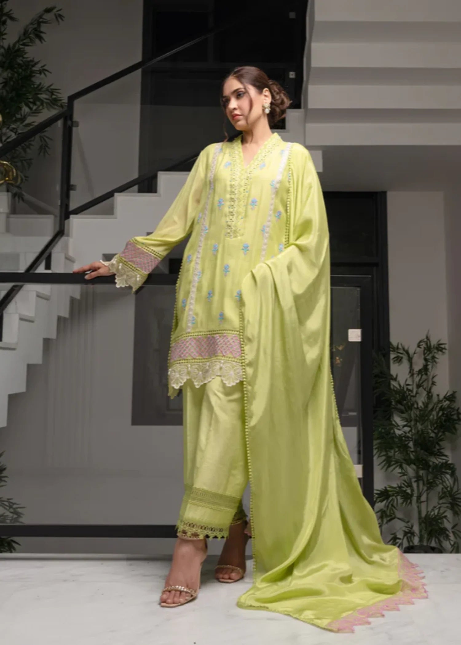 khaddi net Kurta Set in Lime green