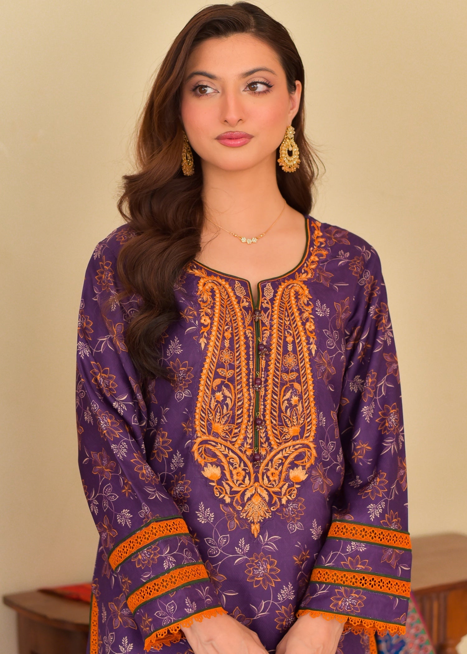 slub cambric Kurta Set in Purple