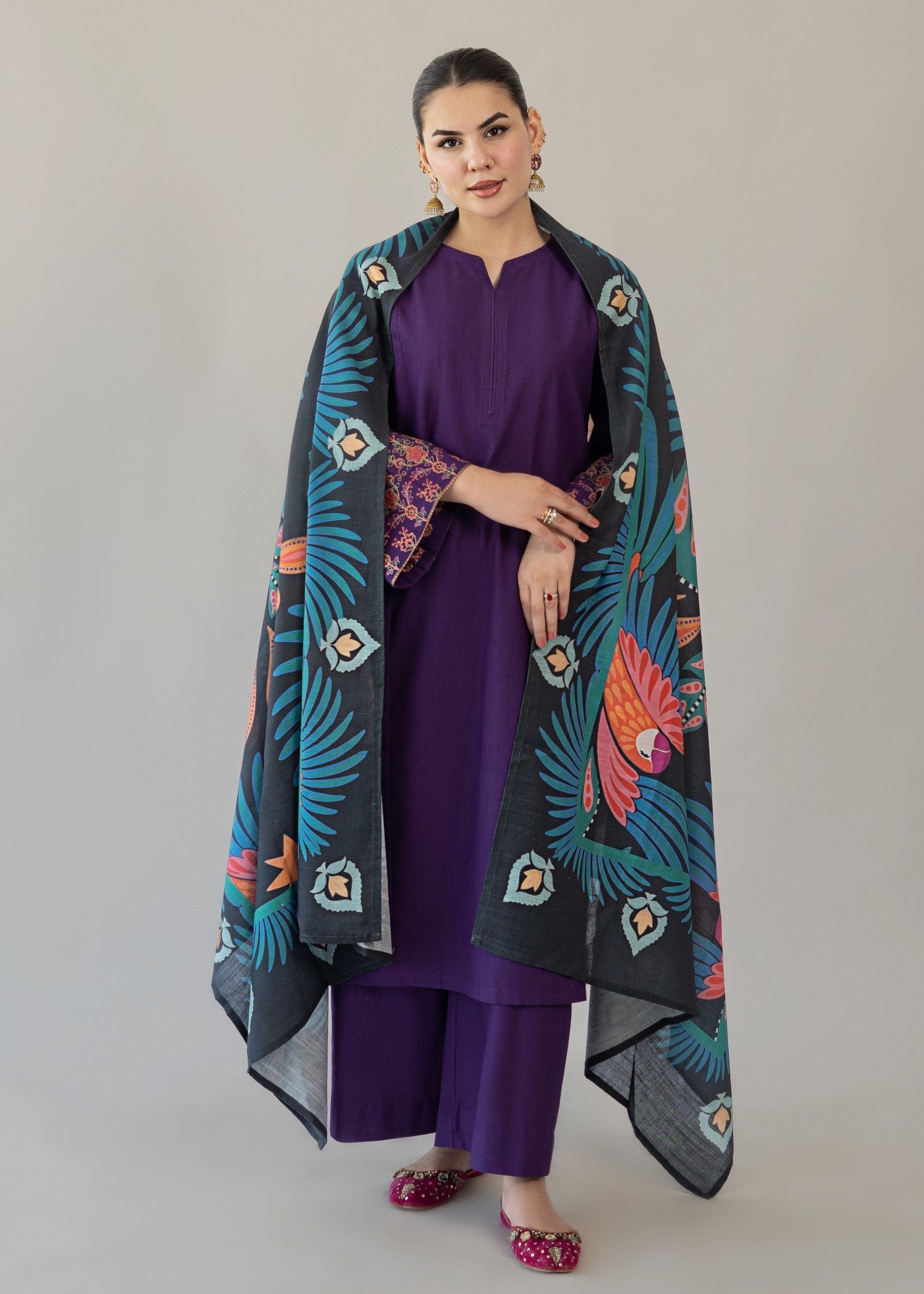 slub khaddar Kurta Set in Purple