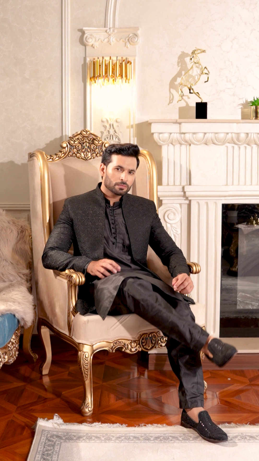 jamawar Prince Coat in Black by Azlan Shahzad