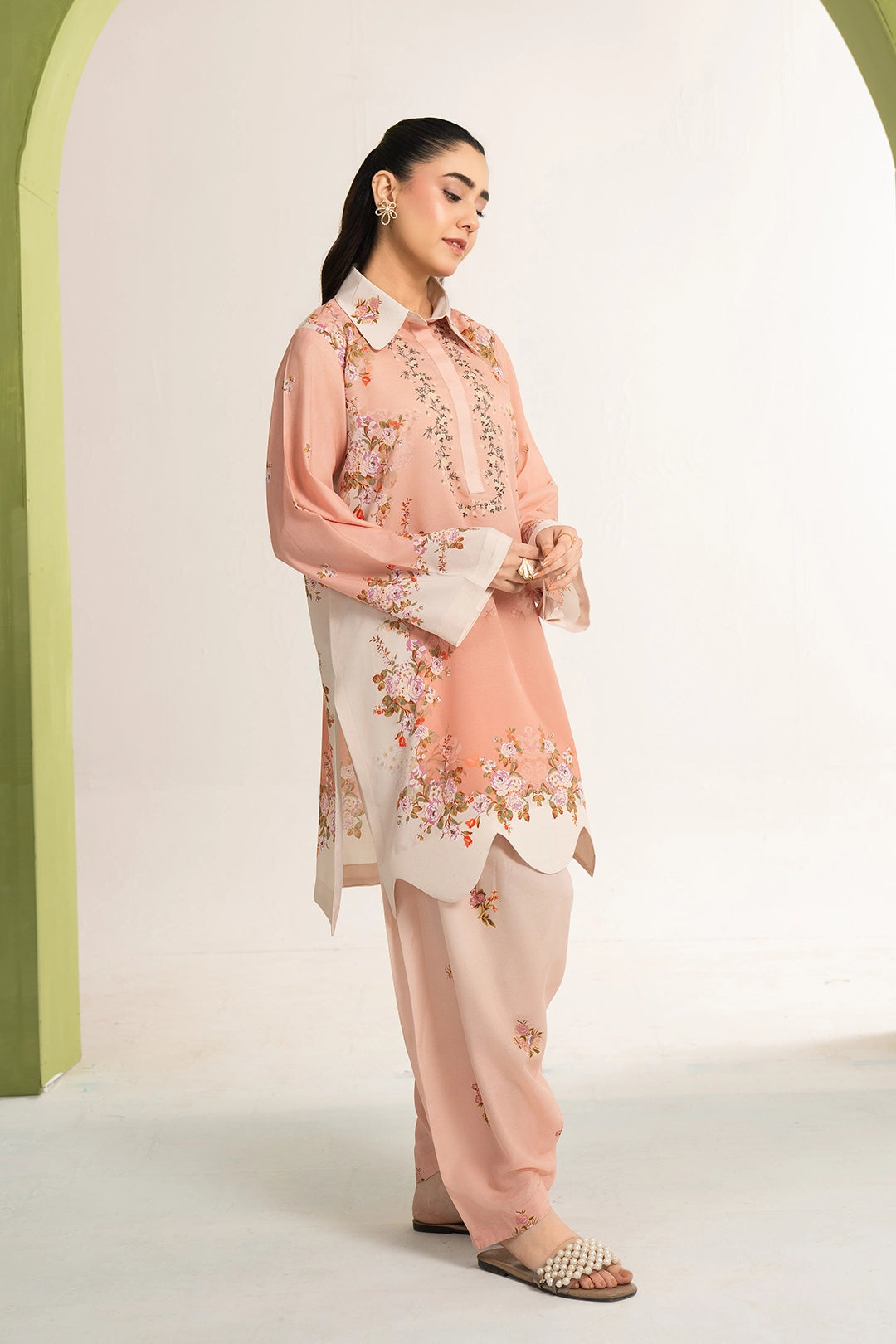 silk finish lawn Kurta Set in Peach pink