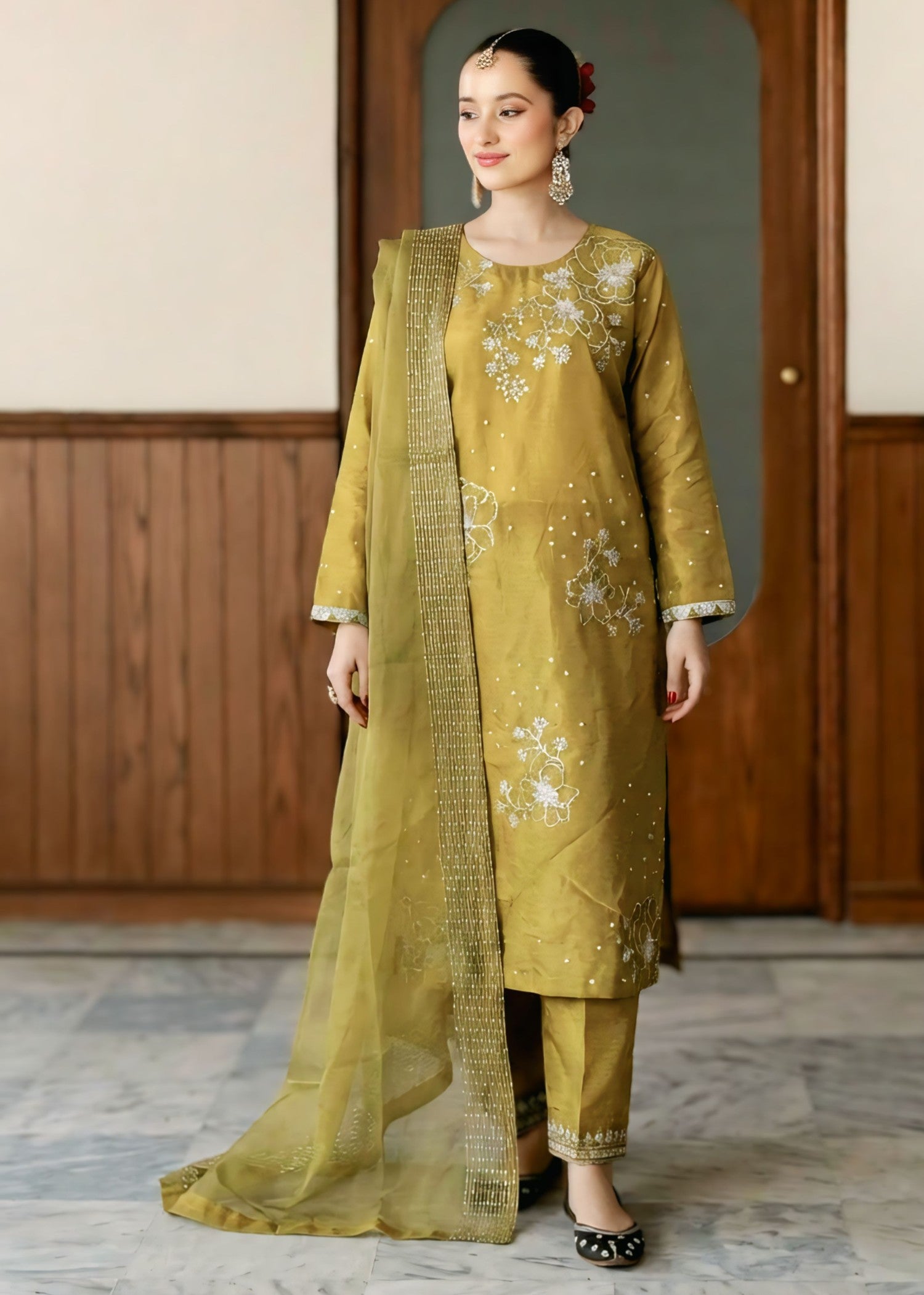 polyester kattan silk Kurta Set in Mustard