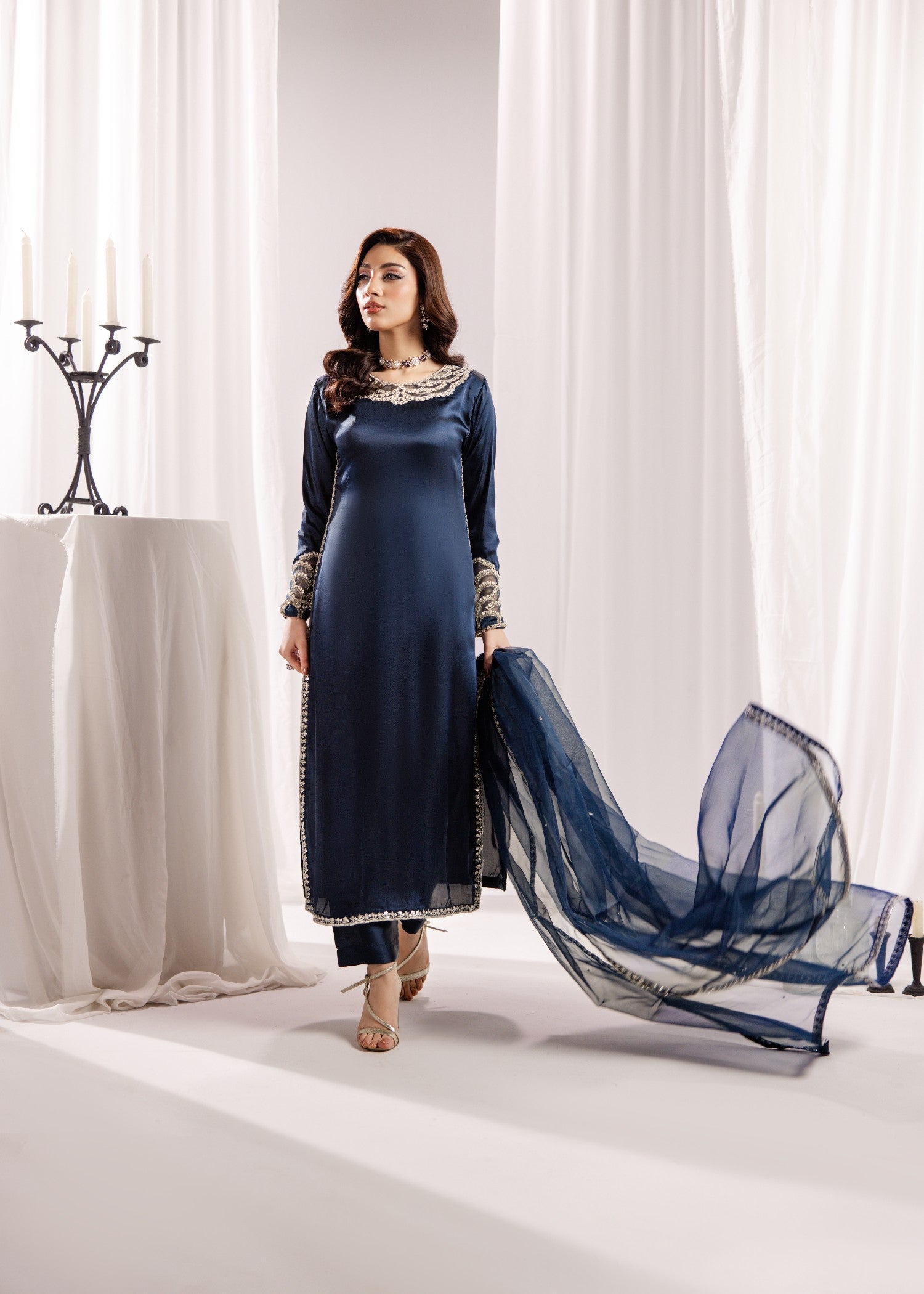 silk Kurta Set in Prussian blue