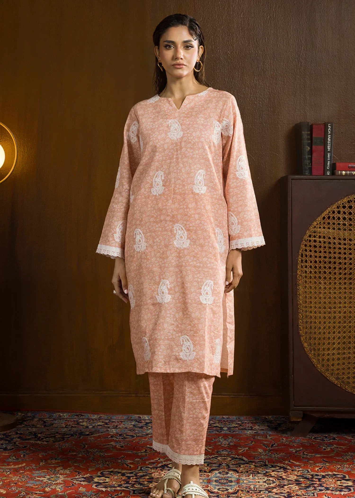 khaddar Kurta Set in Peach pink