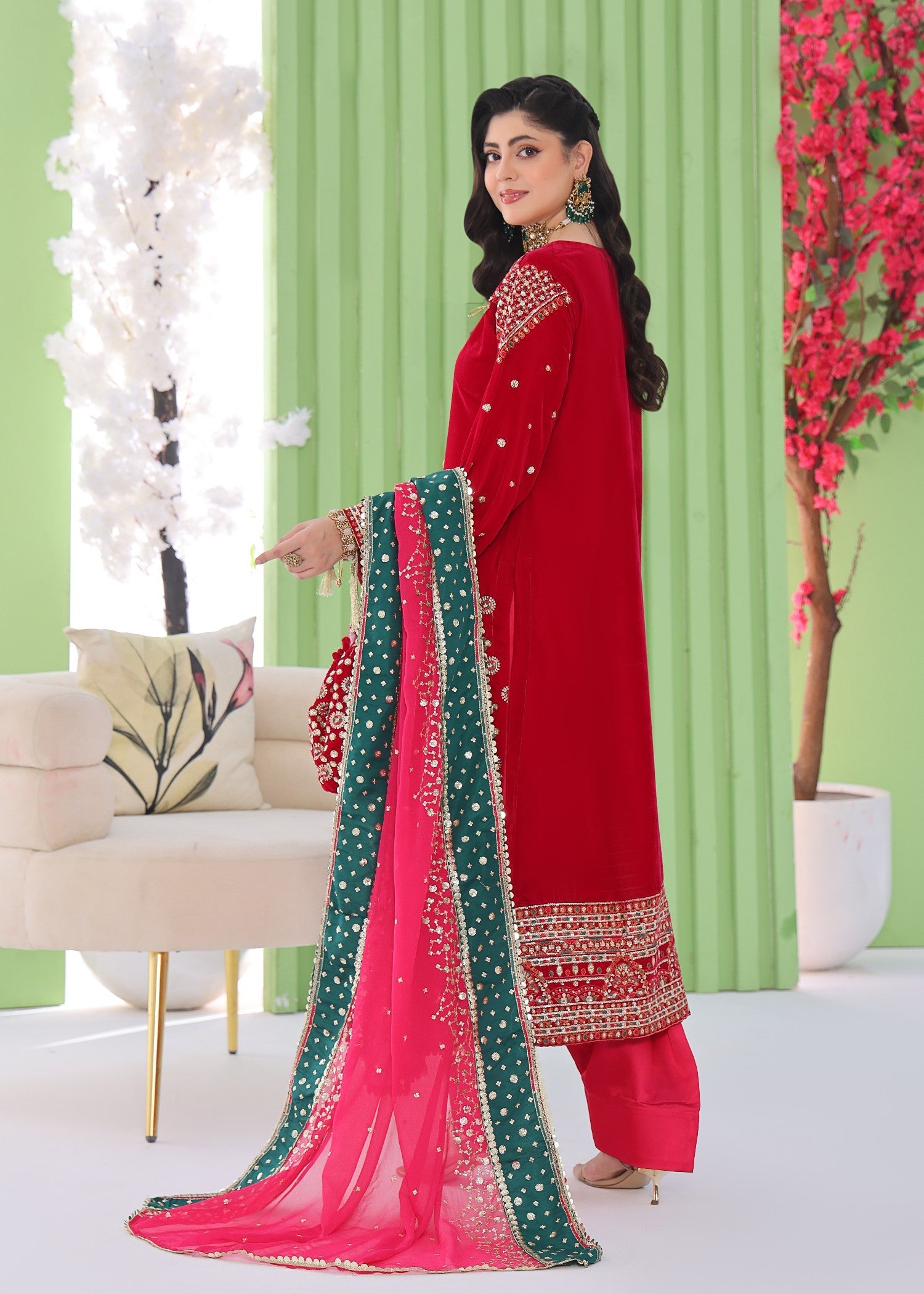 velvet Kurta Set in Fire red