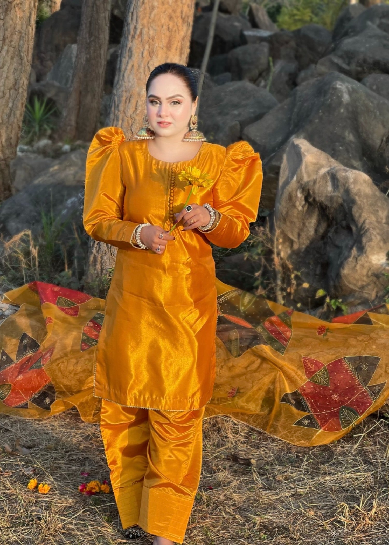 silk Kurta Set in Carrot orange