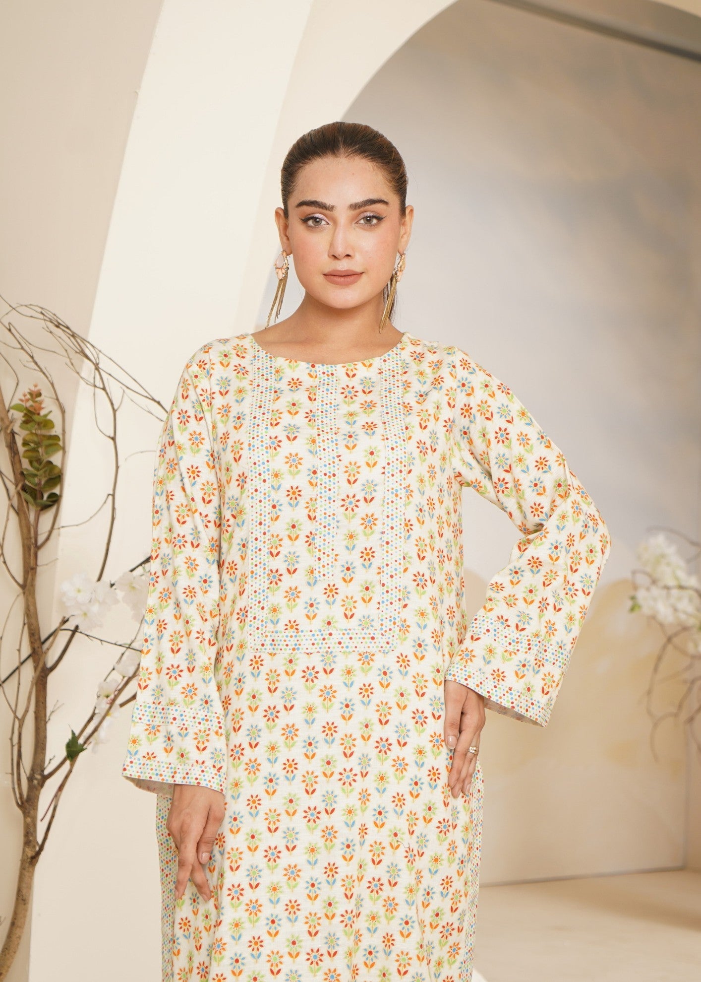 slub khaddar Kurta Set in Cream