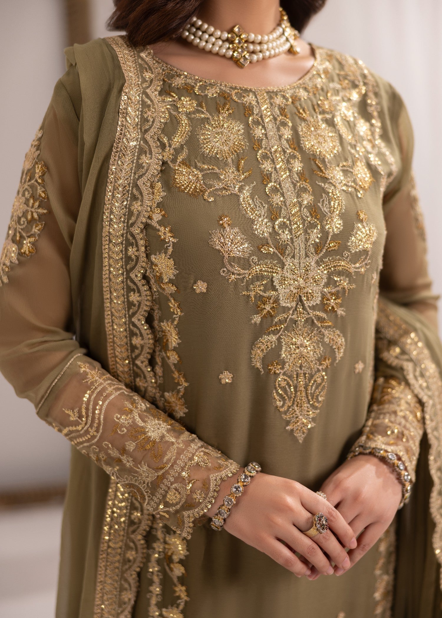 bemberg crinkle chiffon Kurta Set in Sage green