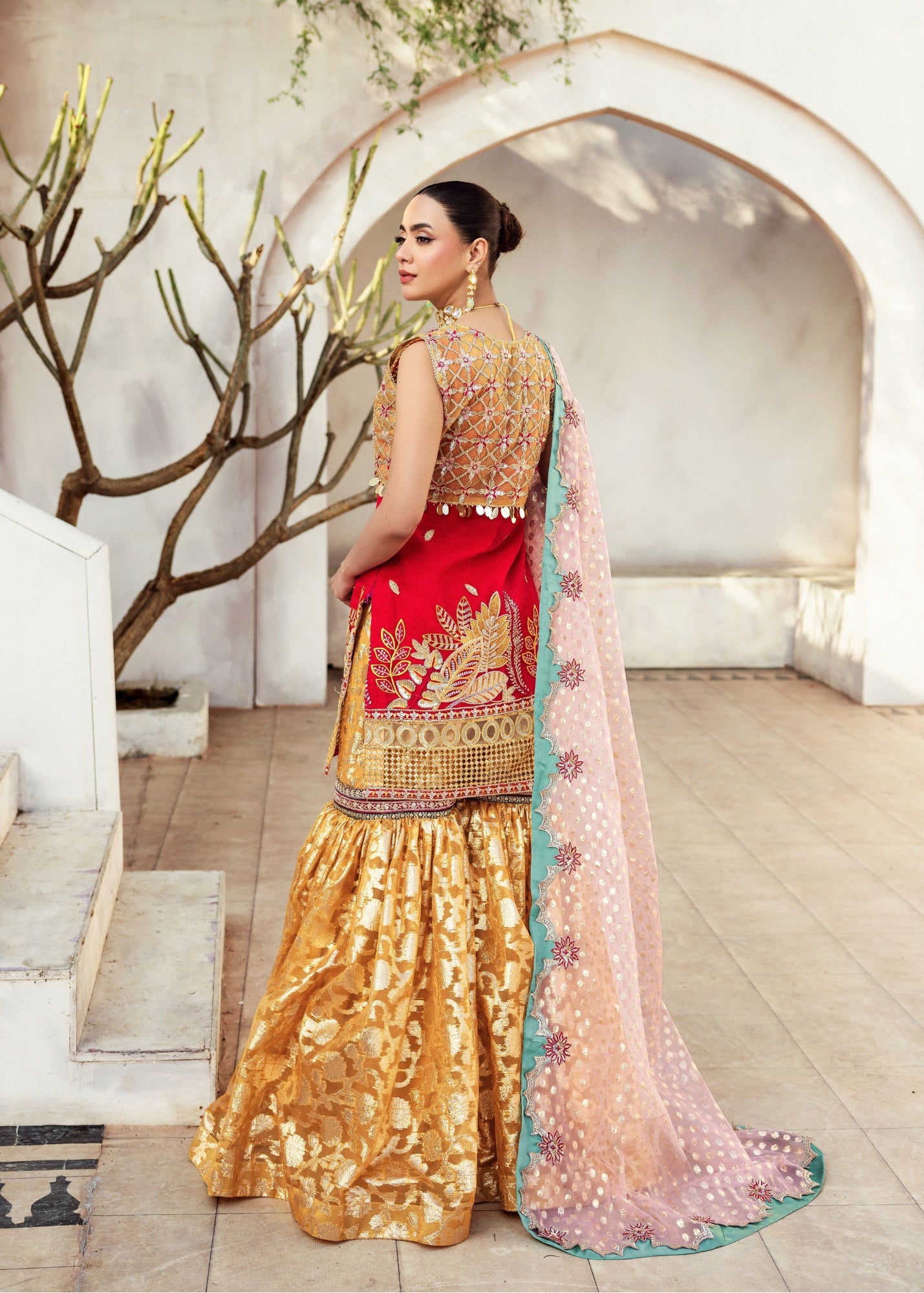 organza Gharara in Scarlet