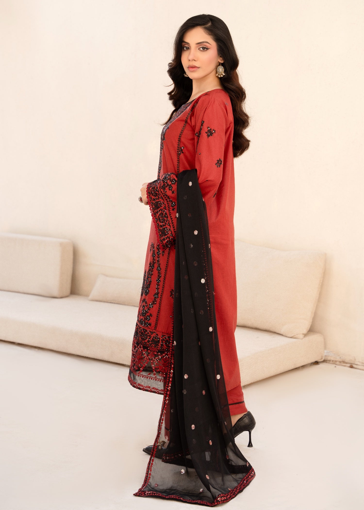 cambric Kurta Set in Rust red