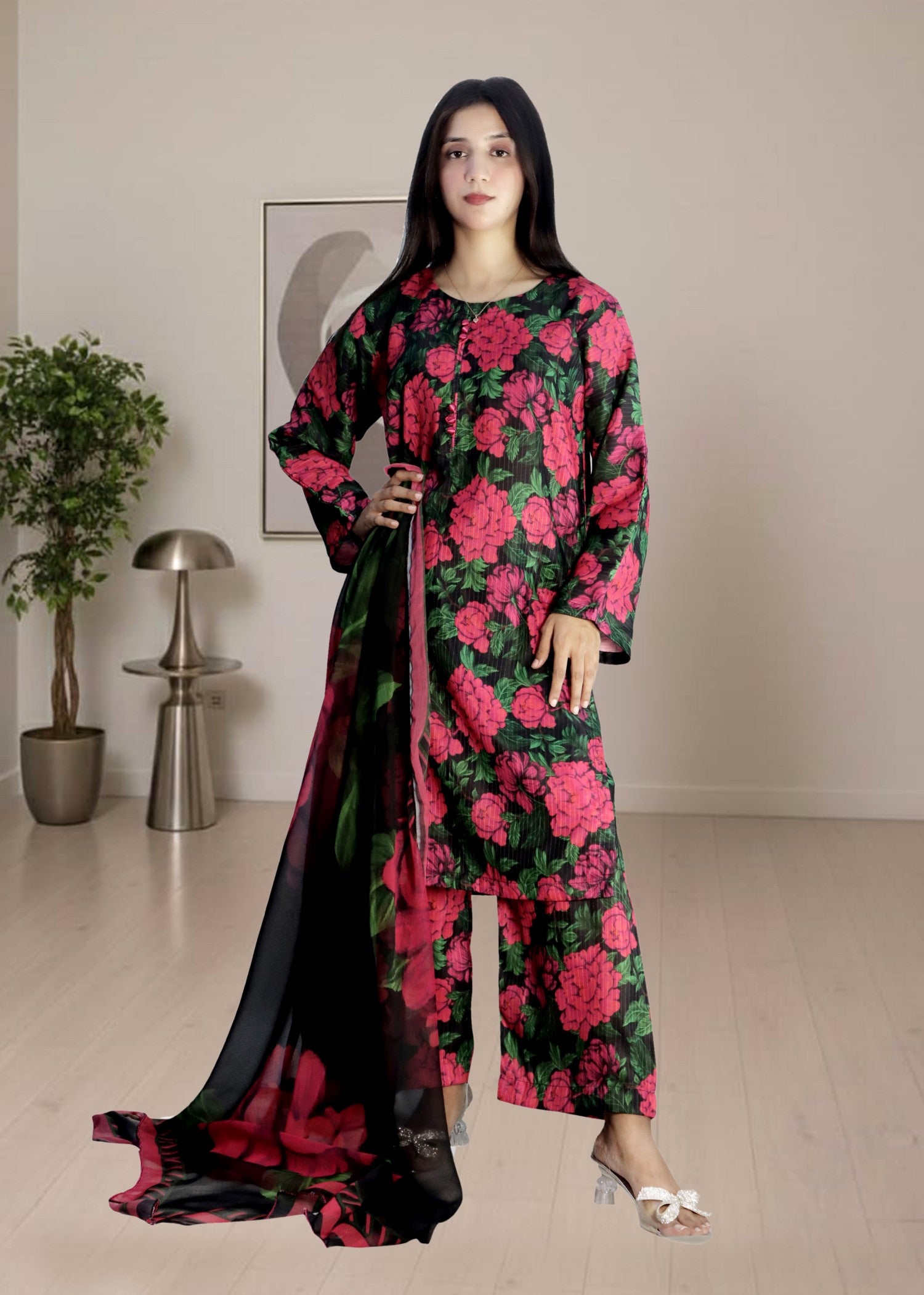 slub khaddar Kurta Set in Multi