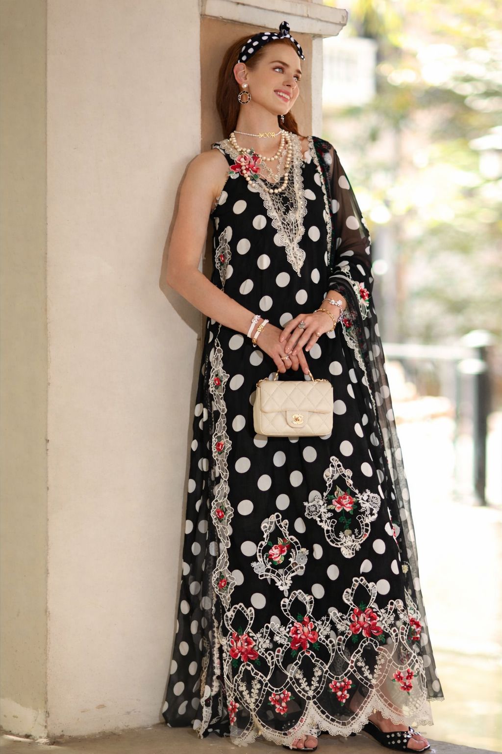 Noor Eid Luxe Printskhaas Lawn – D4 - C- Monochrome Polka