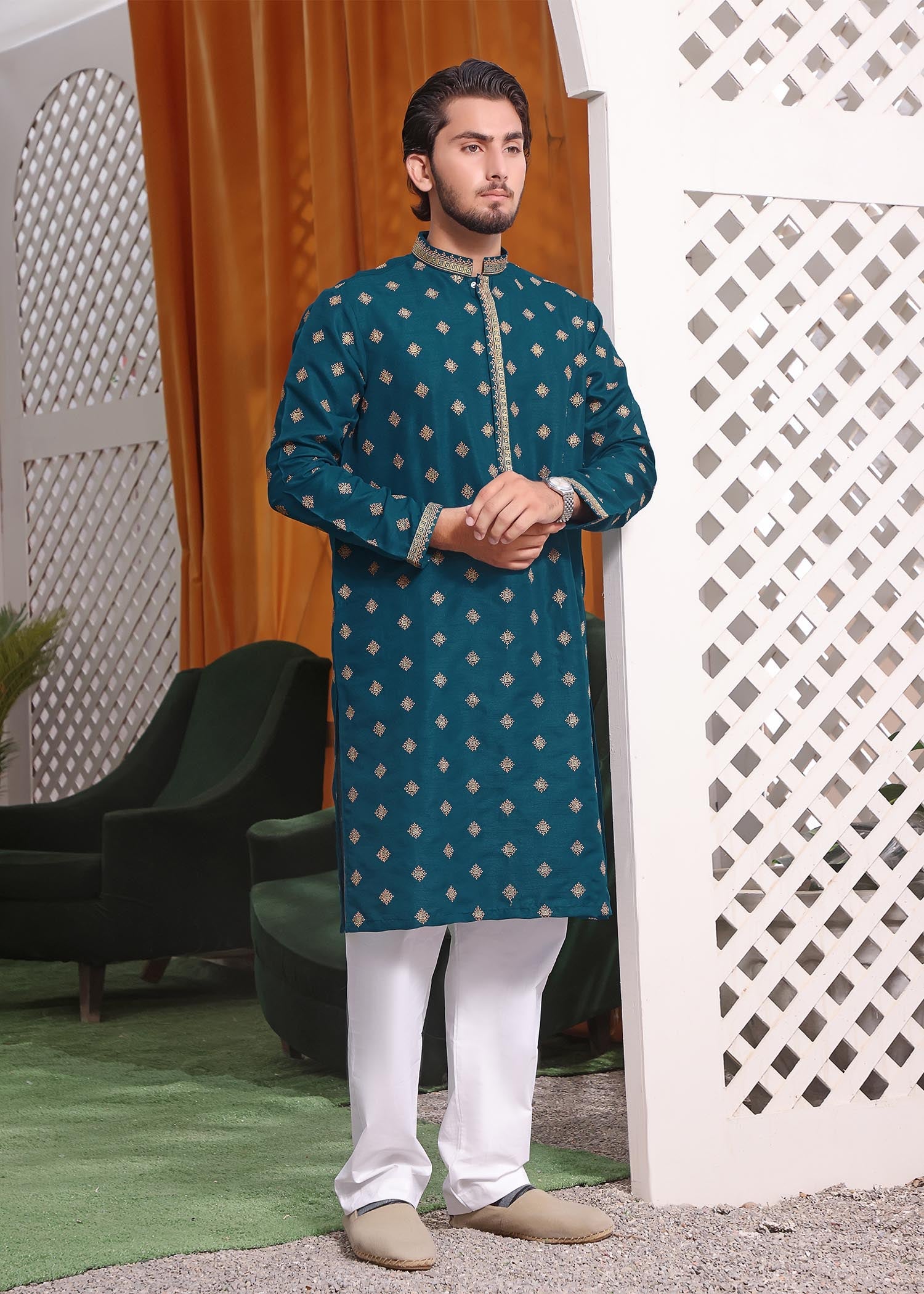 raw silk Kurta Set in Dark cyan