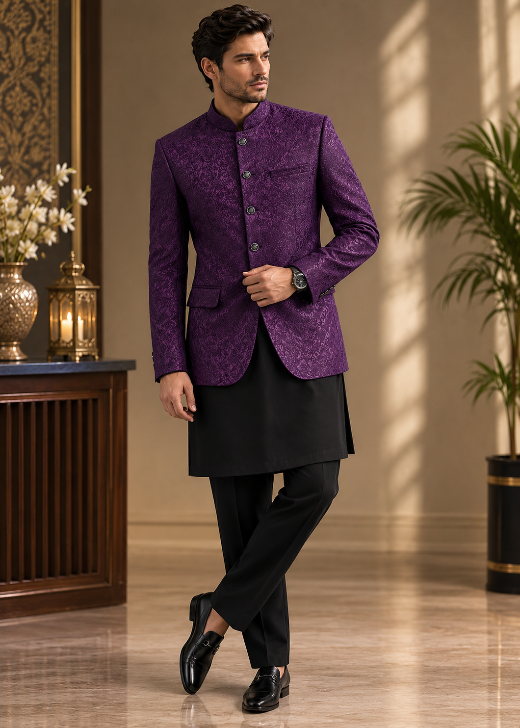 traditional jamawar Prince Coat in Plum purple